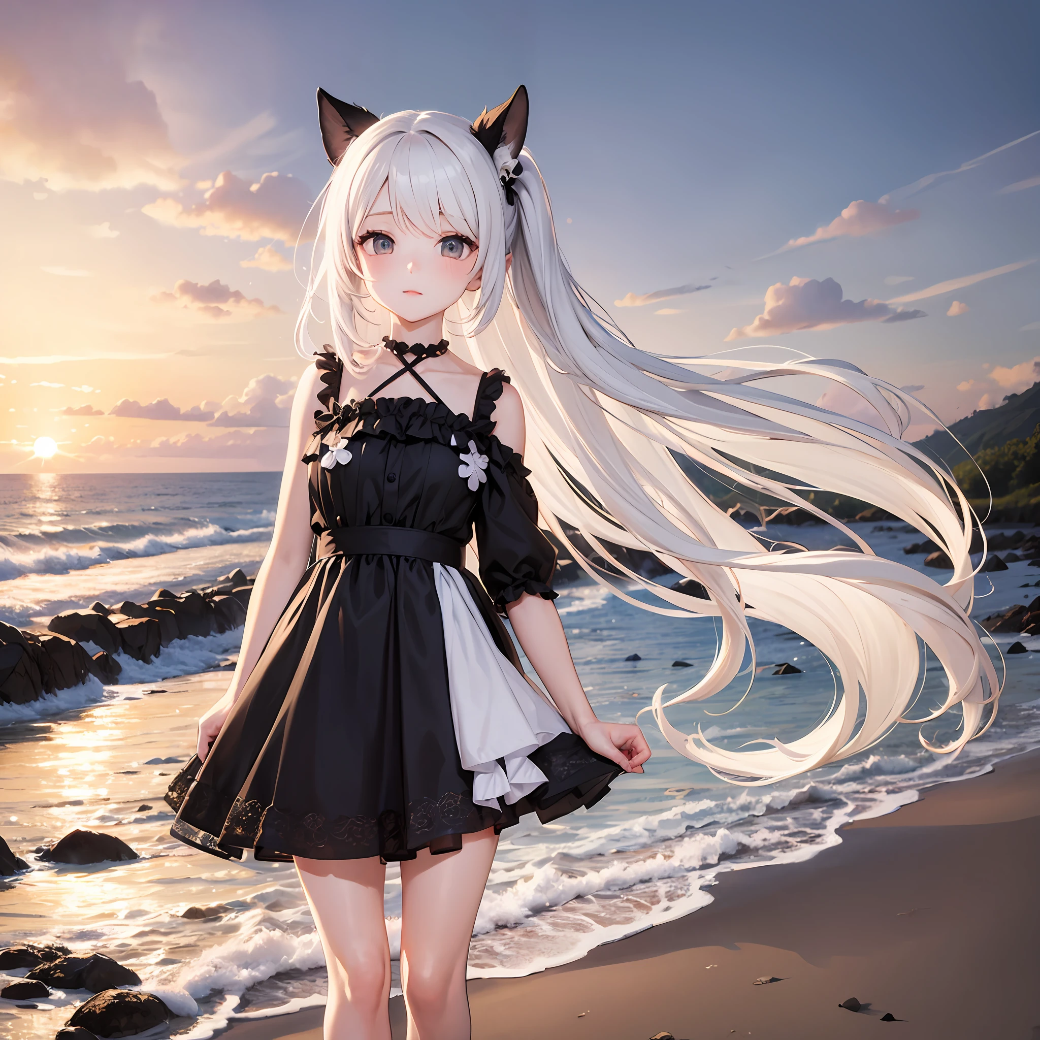 tmasterpiece,White-haired loli,bare-legged,black color dress,Walking on the beach --auto