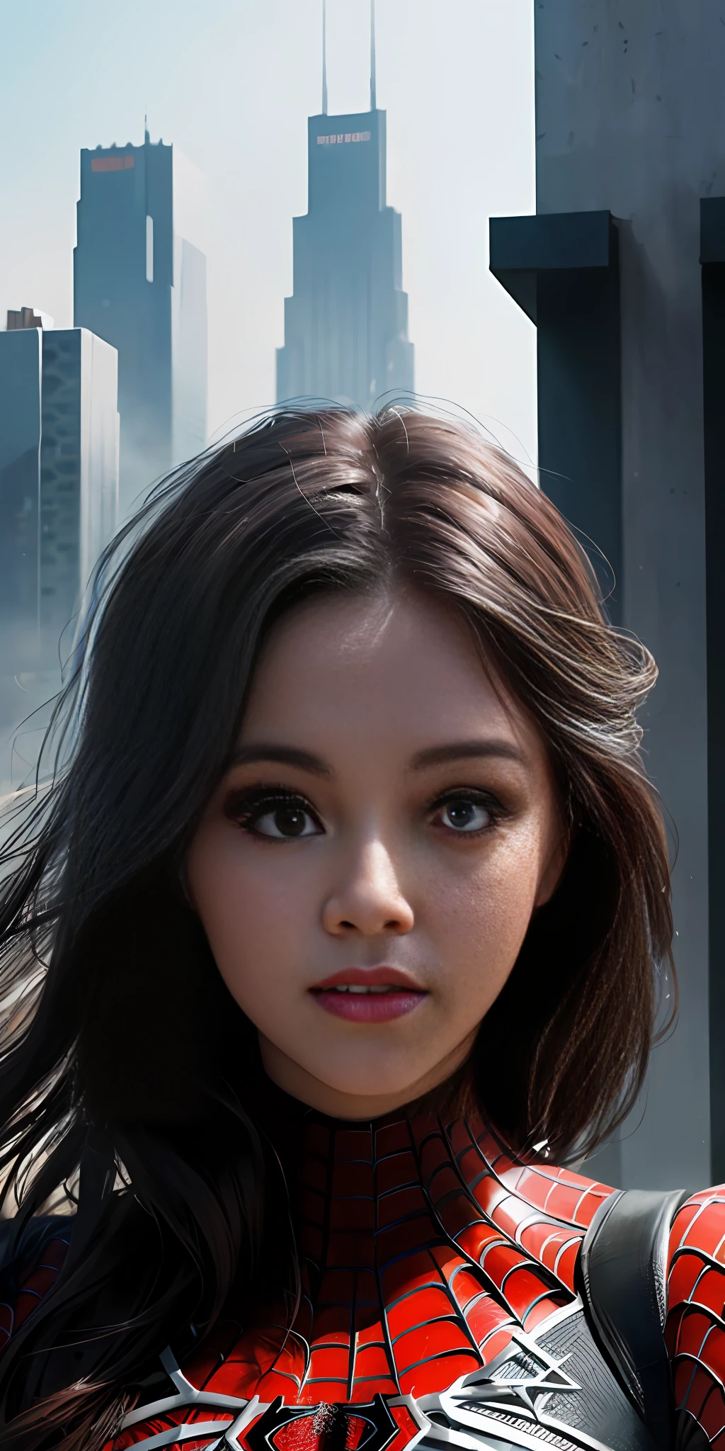 (1girl:1.3), Solo, (((Very detailed face)))), ((Very detailed eyes and face)))), Beautiful detail eyes, Body parts__, Official art, Unified 8k wallpaper, Super detailed, beautiful and beautiful, beautiful, masterpiece, best quality, original, masterpiece, super fine photo, best quality, super high resolution, realistic realism, sunlight, full body portrait, amazing beauty, dynamic pose, delicate face, vibrant eyes, (from the front), She wears Spider-Man suit, red and black color scheme, spider, very detailed city roof background, rooftop, overlooking the city, detailed face, detailed complex busy background, messy, gorgeous, milky white, highly detailed skin, realistic skin details, visible pores, clear focus, volumetric fog, 8k uhd, DSLR, high quality, film grain, fair skin, photo realism, lomography, futuristic dystopian megalopolis, translucent