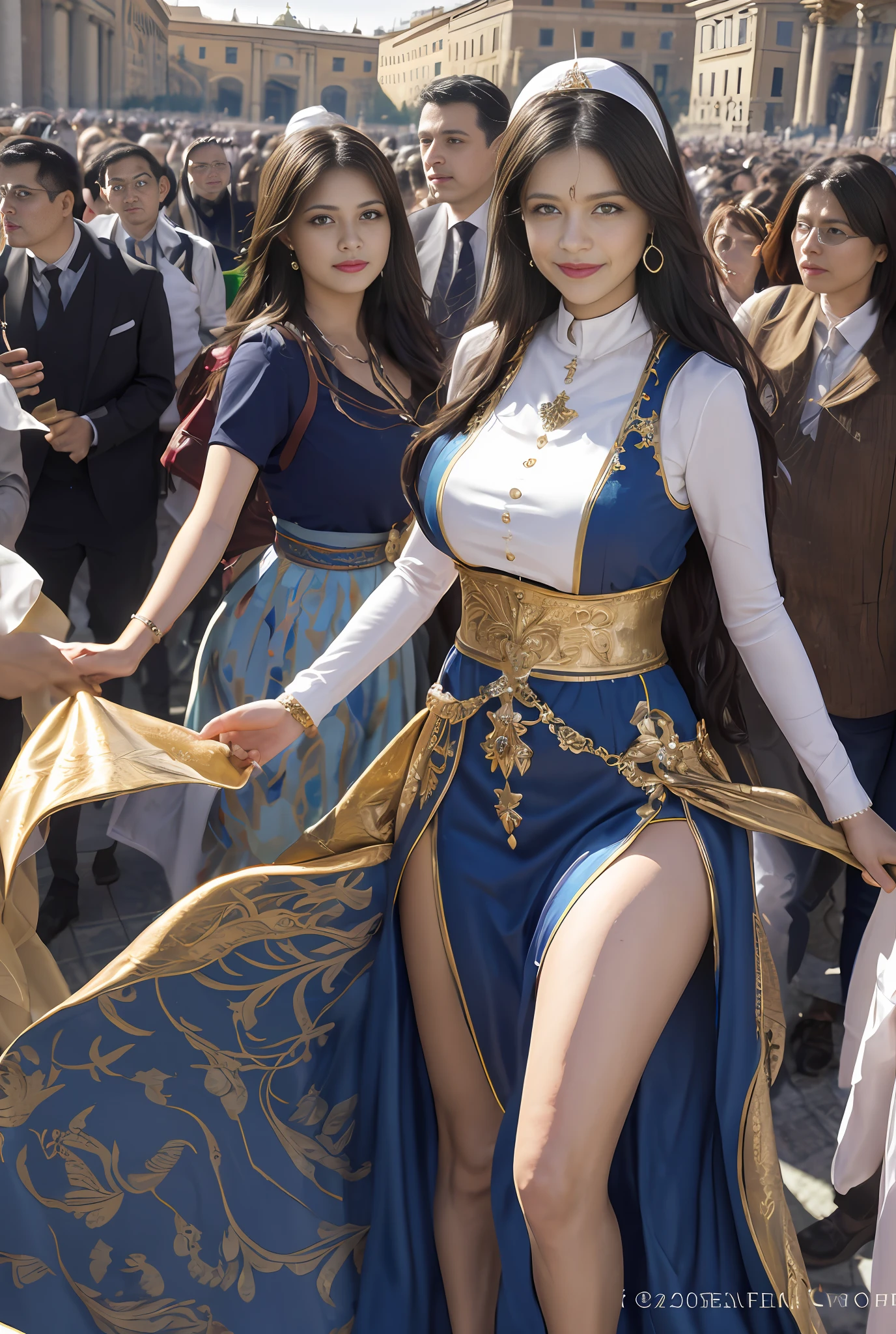 (巨作, Best quality, Realistic),
1girlhugebreasts,(on the St. Peter's Square of Vatican,crowd of), sankta. Peter's Square of Vatican background,gypsy dress,(Princess Eyes,shiny pupils),Dancing,  Gold, banquet, crowd of, picking up skirt,
[Slight smile],