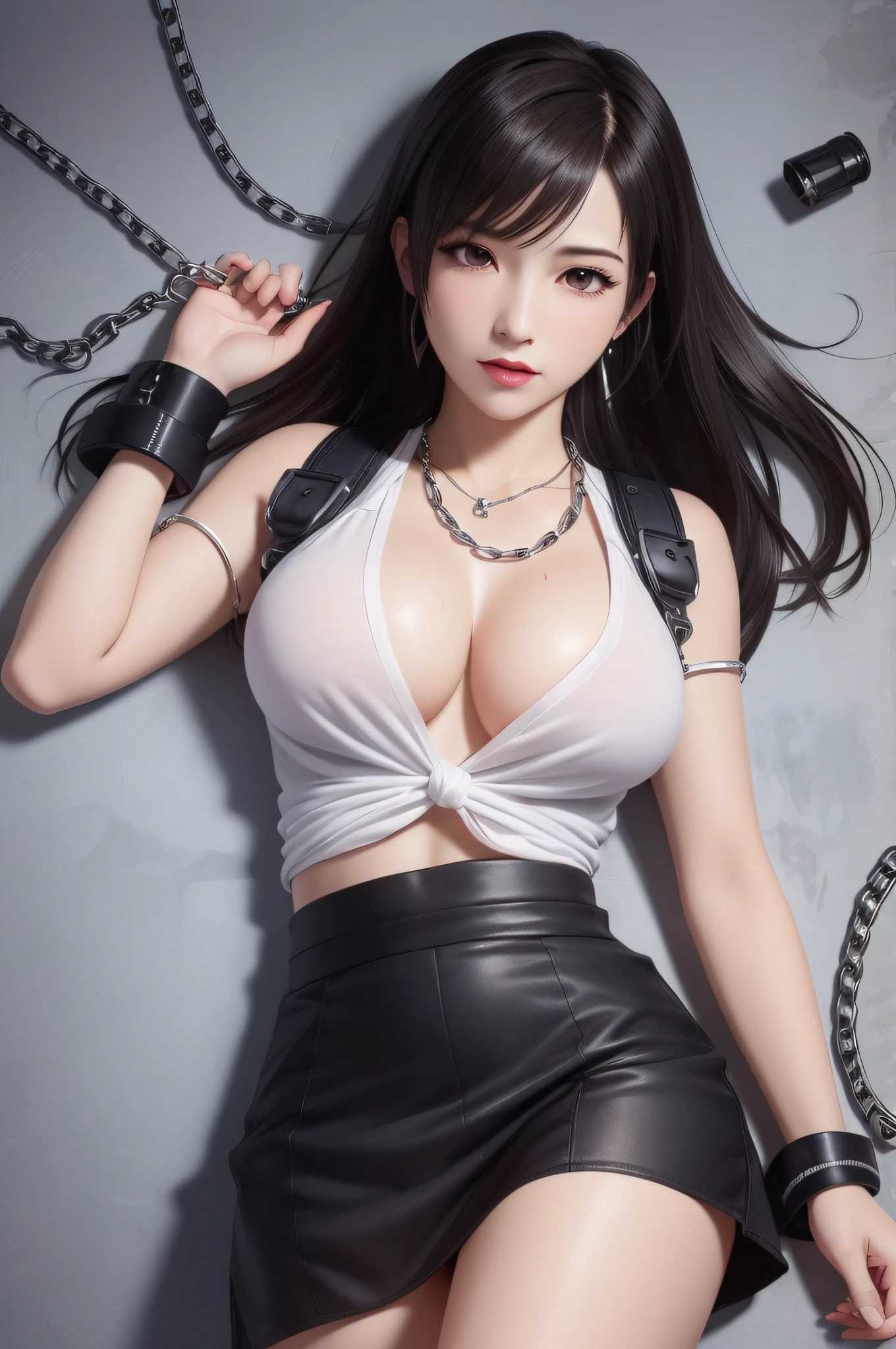 nsfw,(Top Quality, 4k, Masterpiece: 1.1), (Real: 1.4), BREAK (((FF7)))(((Tifa))),((8 monsters:1.5))(1Girl:1.2),(((BDSM:1.2))),(Wet bed,lying:1.2,on back),(A dark, barely lit torture chamber:1.3,Melted candles), BREAK (((FF7)))(((Tifa))),((Light Brown Hair, Large breasts: 1.2)),Tears, clothed, BREAK (((FF7)))(((Tifa))),((Countless black chains:1.5, shackles:1.4)), (Tied With Restraints All Over Her Body :1.4), BREAK (white collared shirt:1.2), (No Bra) (No Panties) (Small and beautiful hard nipple), clothed,(Wax dripping all over the body: 1.4), wet hair, about 18 years old,sensual, BREAK ((stringy viscous liquid)), ((love juice:1.2)),be violated