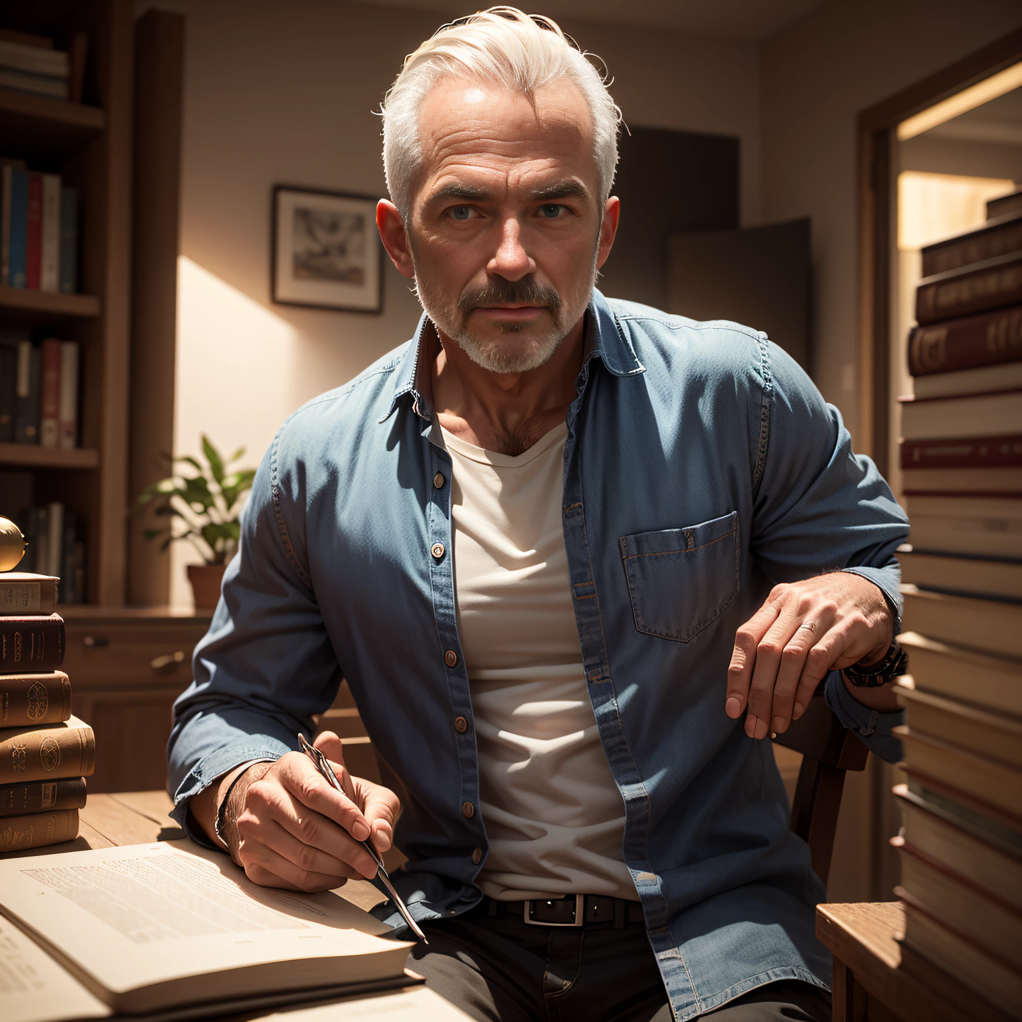 um homem de 40 anos com cabelos castanhos, sentado em uma mesa, looking at the camera, 8k, com estante de livros e uma planta ao fundo, cinematiclighting --auto