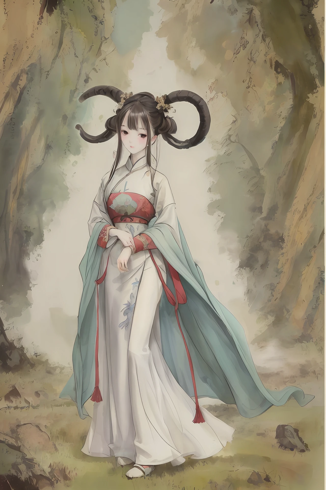 ((4k,masterpiece,best quality))Traditional chinese painting,on cheongsam,Long horns,bare-legged,serenidade,ssmile,Step on the moss,Upper body body,looking towards the viewer