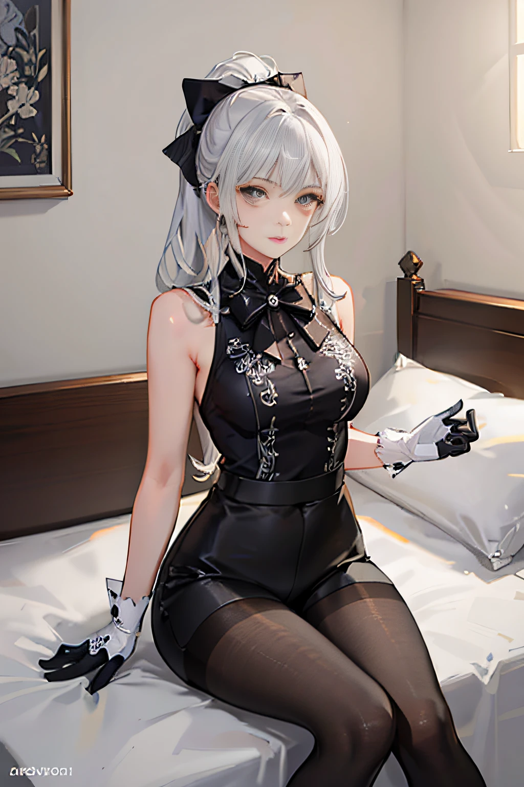 (((1 girl)),ray tracing,(dim lighting),[detailed background (bedroom)),((silver hair)),((silver hair)),(Fluffy silver hair, plump slender girl)) with high ponytail)))) Avoid blonde eyes in the ominous bedroom ((((Girl wears intricately embroidered black high-waisted pants with pantyhose) and white ruffled bow gloves), showing a delicate slim figure and graceful curves, correct limbs, sitting on the bed