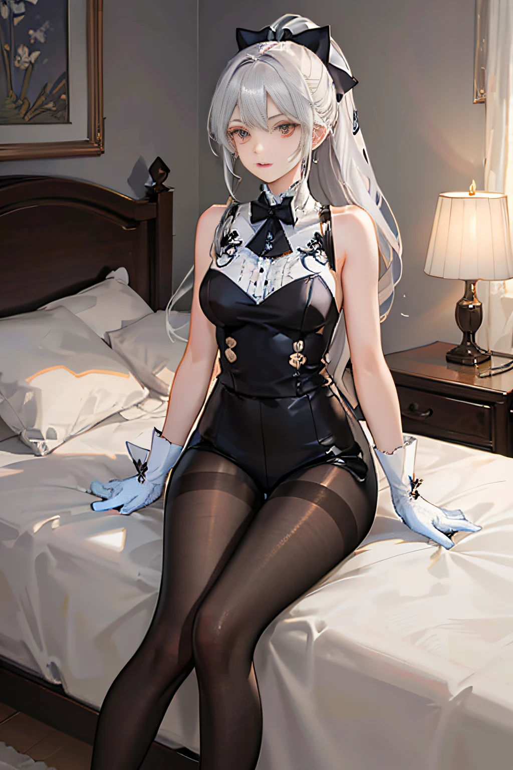 (((1 girl)),ray tracing,(dim lighting),[detailed background (bedroom)),((silver hair)),((silver hair)),(Fluffy silver hair, plump slender girl)) with high ponytail)))) Avoid blonde eyes in the ominous bedroom ((((Girl wears intricately embroidered black high-waisted pants with pantyhose) and white ruffled bow gloves), showing a delicate slim figure and graceful curves, correct limbs, sitting on the bed