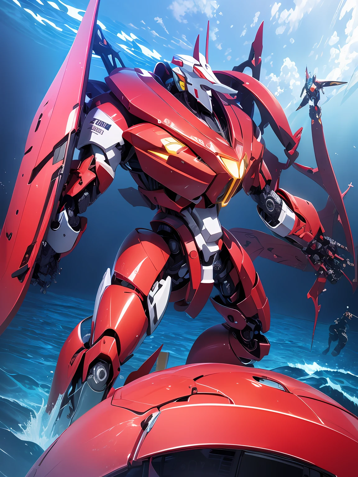 Huge red cybermech,In the sea