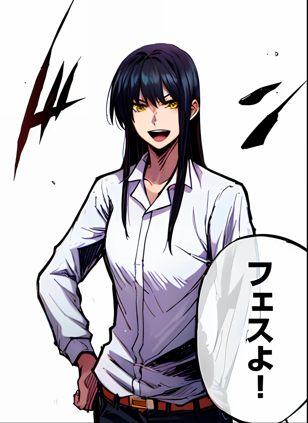 a anime of a girl long hair and looking viewer, yellow eyes, white long-sleeved shirt, black hair, open mouth, text bubble speech, belt, color manga, manga color, color manga, color manga panel, simple background, a white background