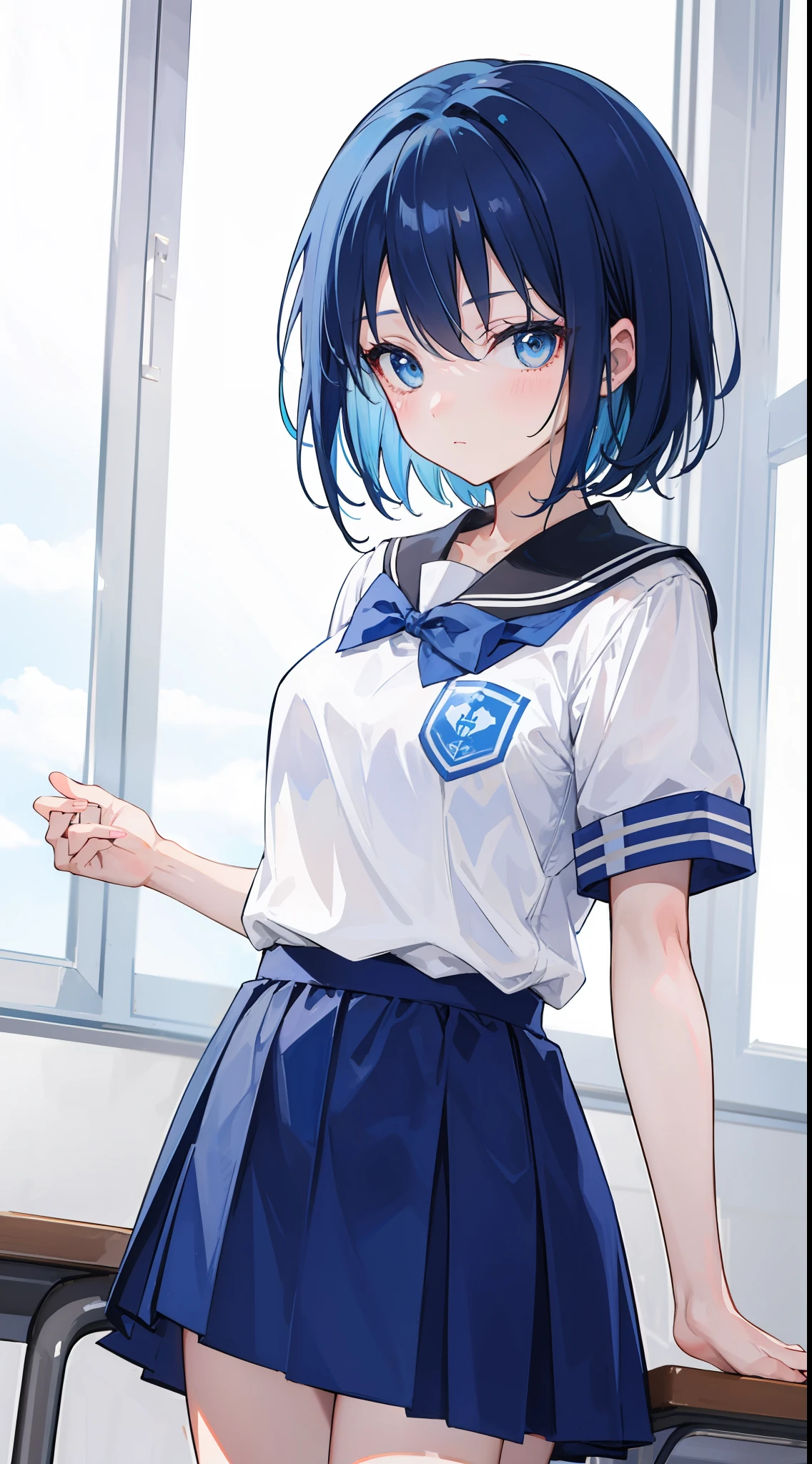 A girl, dark blue hair and bright blue eyes, short hair, be in class, wearing a high school uniform, cute, no expression