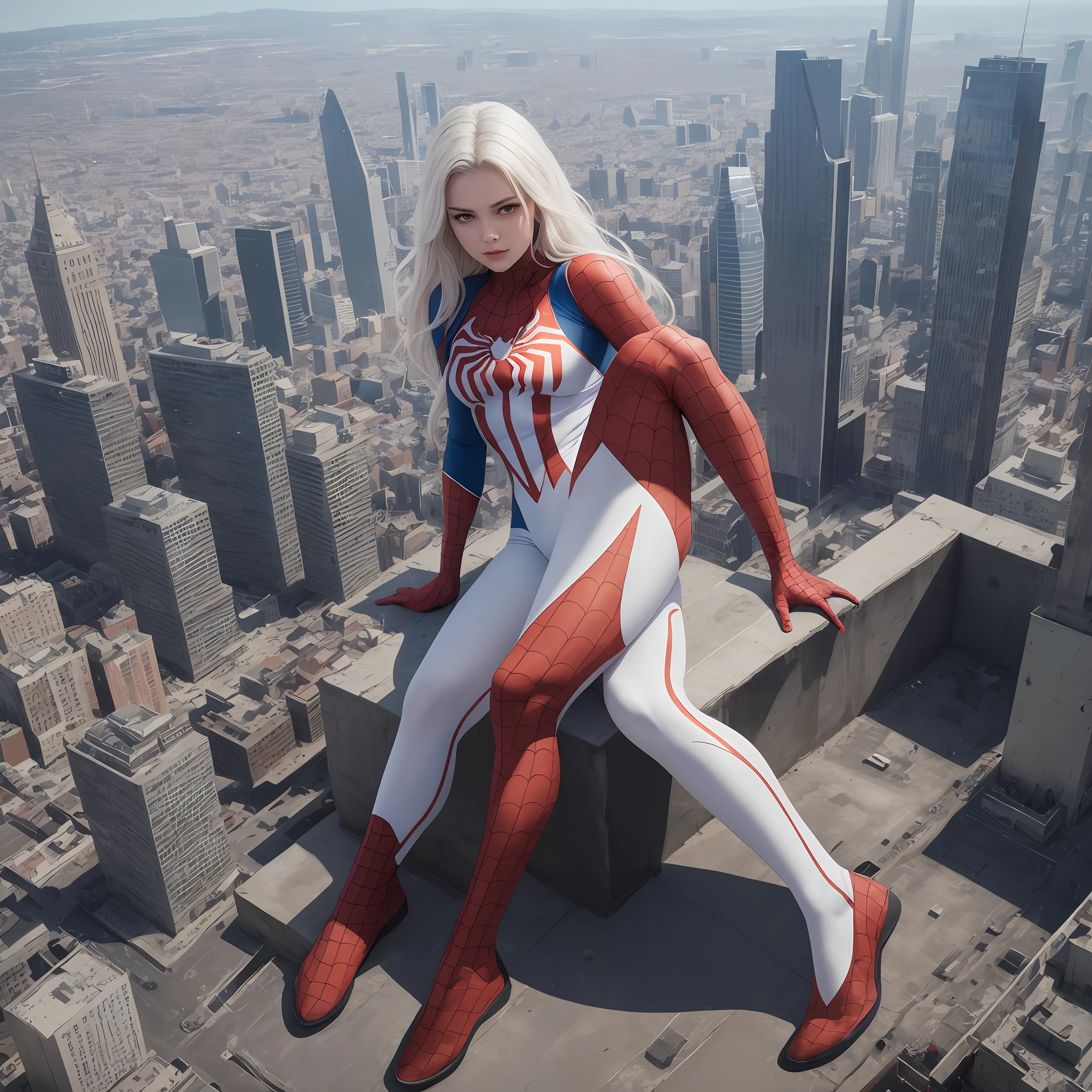 4k, realistic, carismatic, very detail, there is a girl on top city, wearing spiderman costum, she is a spiderman, white super hero theme, white long hair, 25 years old, full body --auto