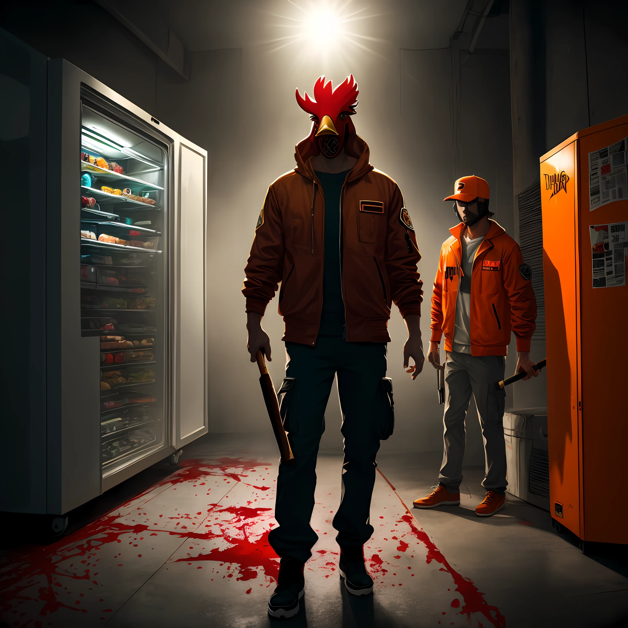 Homem de meia idade,Rooster head mask,Armed with a baseball bat,hotline miami,Orange jacket,Stained with blood,refrigeratory,Countless killings,brown cargo pants,realisticlying,Ray traching,byself,standingn,Facing the lens,best quailty,light and shadow effect --auto