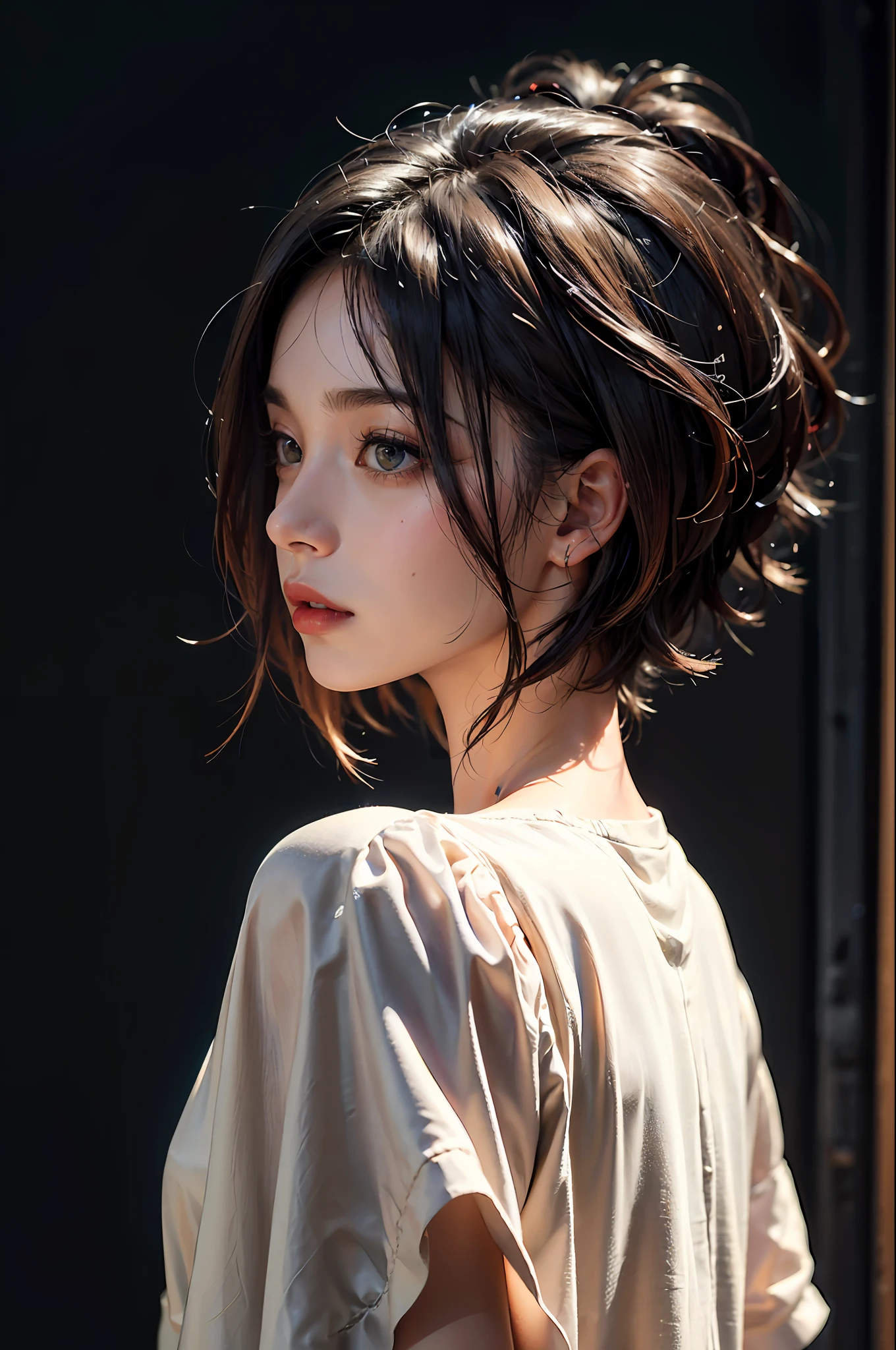 a 30 yo woman,(hi-top fade:1.3),long hair,dark theme, soothing tones, muted colors, high contrast, (natural skin texture, hyperrealism, soft light, sharp),