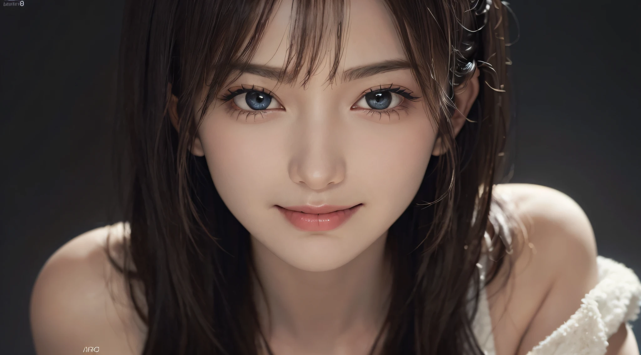 (Ultra Realistic), (Illustration), (Increased Resolution), (8K), (Extremely Detailed), (Best Illustration), (Beautiful and Detailed Eyes), (Best Quality), (Ultra Detailed), (Masterpiece ), ( wallpaper), (detailed face), solo, 1 girl, looking at viewer, fine details, detailed face, in the dark, deep shadows, low key, pureerosfaceace_v1, smiling, long hair, black shawl straight hair , 46 points oblique bangs