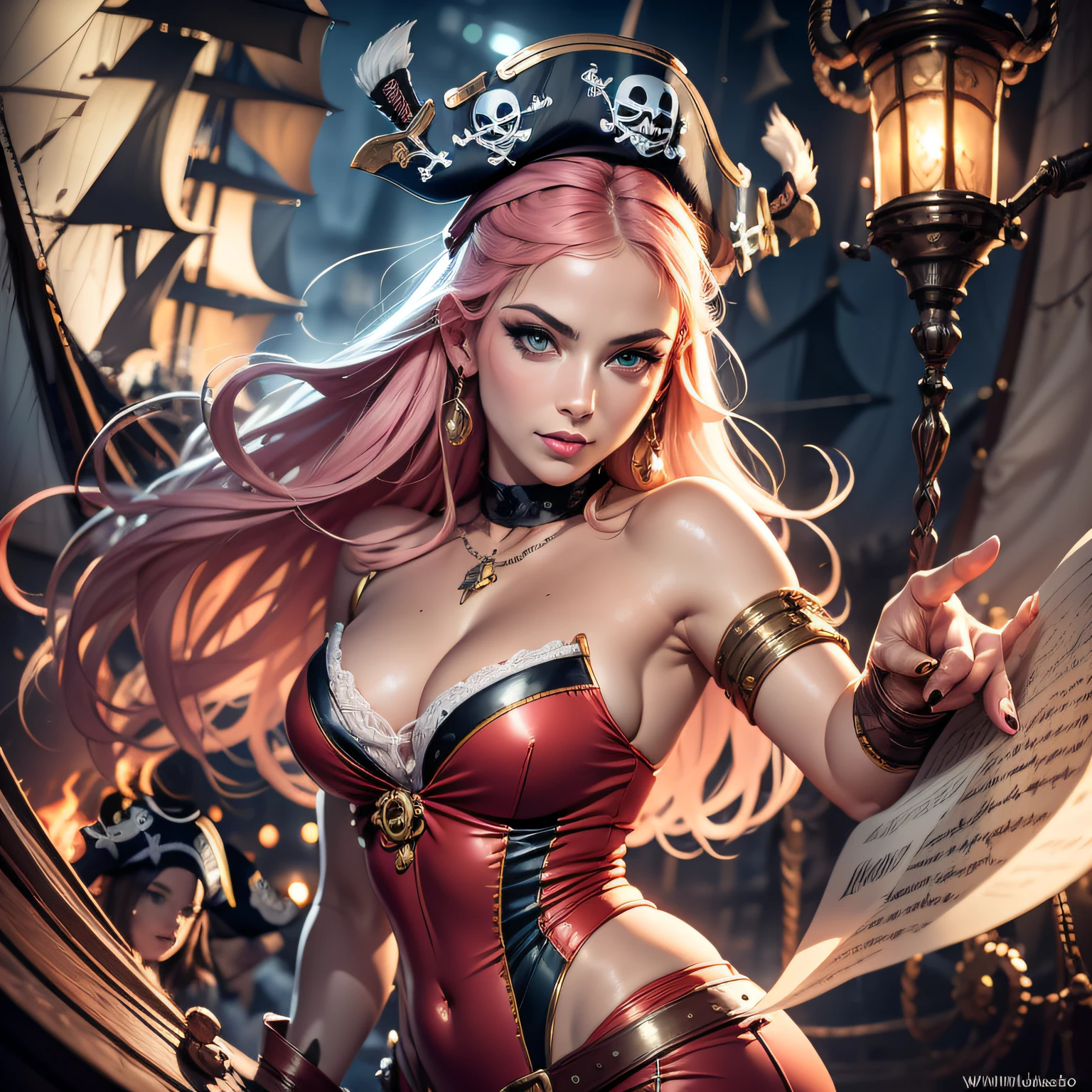 Danielle van de Donk, full body potrait of a photorealistic beautiful woman, (aboard a pirate ship:1.50), intense coloration fantasy, light hair, a stunning realistic photograph 20 years , random colored hair, (multiple women pirates dancing together:1.3), random color eyes, full body, cover, hyperdetailed painting, luminism, octane render, Bar lighting, complex, 8k resolution concept art portrait by Martina Fačková and Prywinko Art, Artgerm, WLOP, Alphonse Mucha, Tony Taka, fractal isometrics details, photorealistic face, hypereallistic cover photo awesome full color, hand drawn, bright, gritty, realistic color scheme, davinci, .12k, intricate. hit definition , Beethoven, cinematic,Rough sketch, mix of bold dark lines and loose lines, bold lines, on paper , real life human