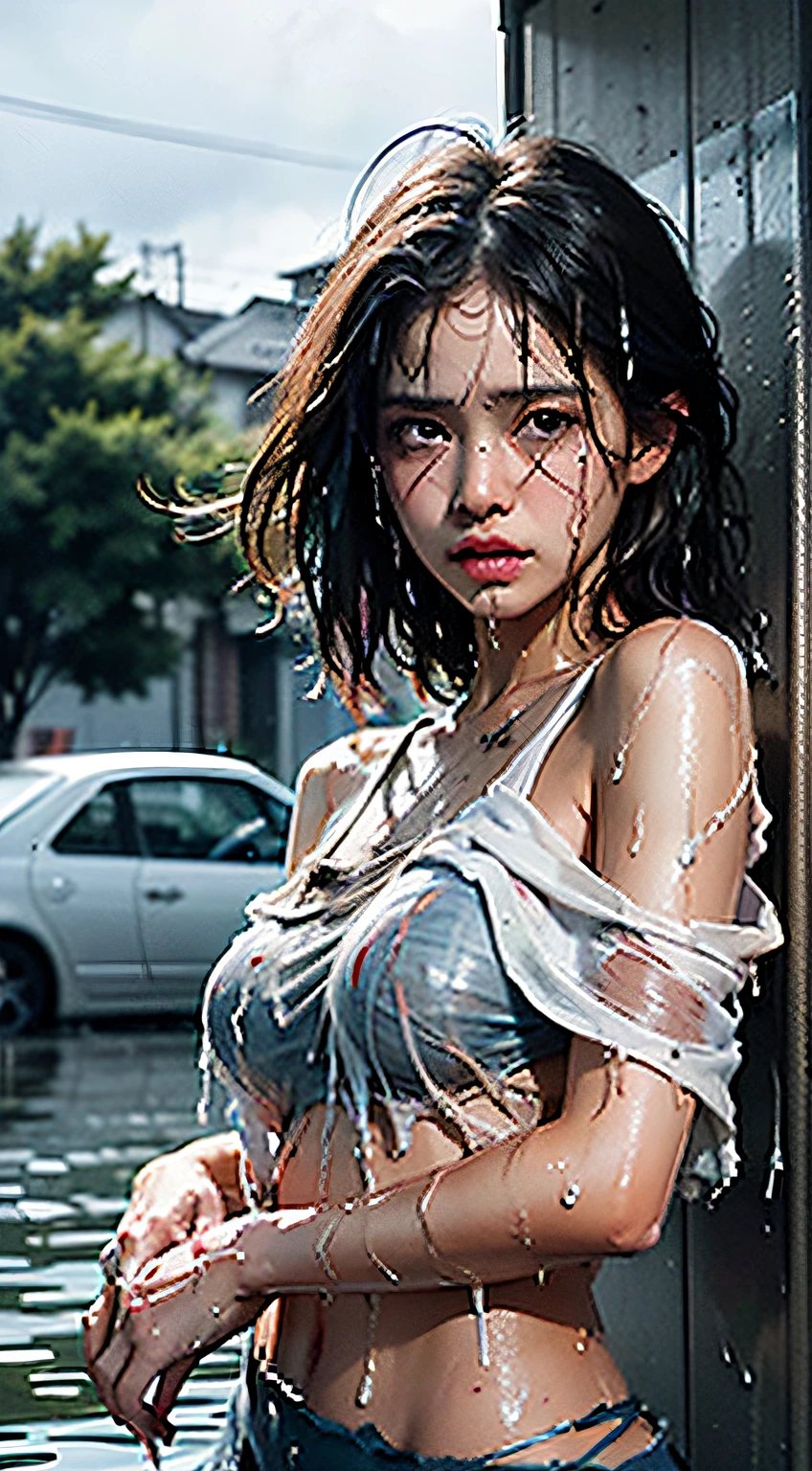 Best picture quality, masterpiece, ultra high resolution, (fidelity :1.4), photo, 1 girl,[(sadness)],white shirt, Dim, dark, desperate, pitying, pitiful, cinematic,tear,teardrop,(Torn clothes:1.5), (Wet clothes:1.4), bare shoulders,Real rain,wet hair,..