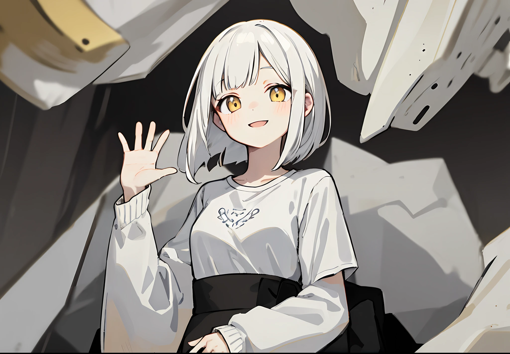 Cinematic effect, fancy effect, petite, intricate details, 1 girl, solo,  girl, (medium curved Bob + white hair: 1.2), detailed yellow eyes, (detailed face: 1.2), medium breasts, white oversized t-shirt, V-shaped gesture, smile