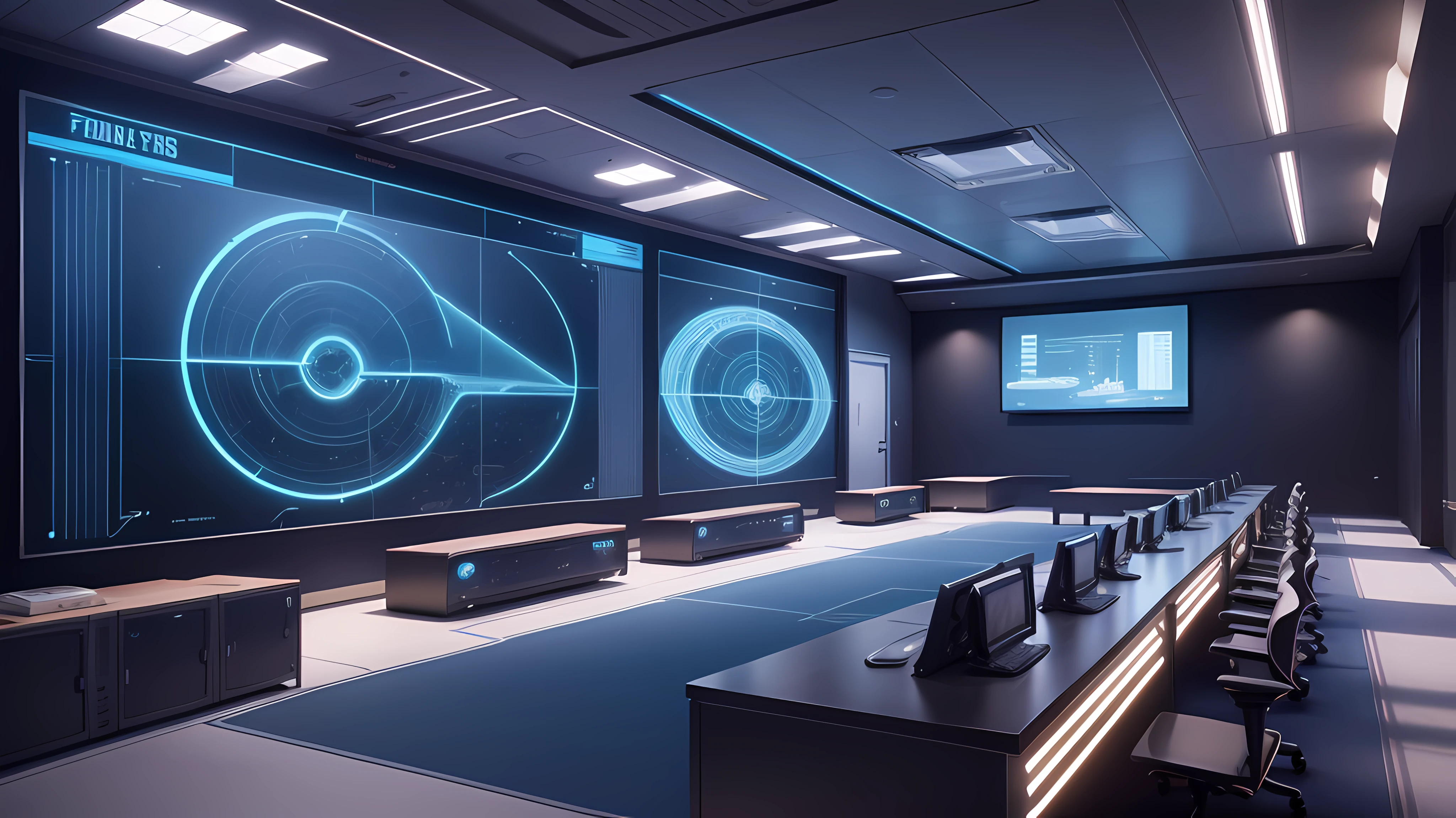 Capture the essence of a futuristic office interior in this image. The space should reflect a harmonious blend of technology, functionality, and aesthetic appeal. Incorporate sleek, minimalistic design elements, such as clean lines, smooth surfaces, and futuristic materials like glass and metal. Imagine an open-concept layout with flexible workstations, ergonomic furniture, and integrated technology systems. Use a neutral color palette with pops of vibrant, futuristic hues to create visual interest. Strategic lighting should enhance the futuristic ambiance, with the use of LED lights, indirect illumination, and dynamic lighting effects. Ensure that the image showcases advanced technologies like holographic displays, augmented reality interfaces, and smart devices seamlessly integrated into the workspace. The composition should convey a sense of productivity, efficiency, and innovation, with an emphasis on futuristic elements.