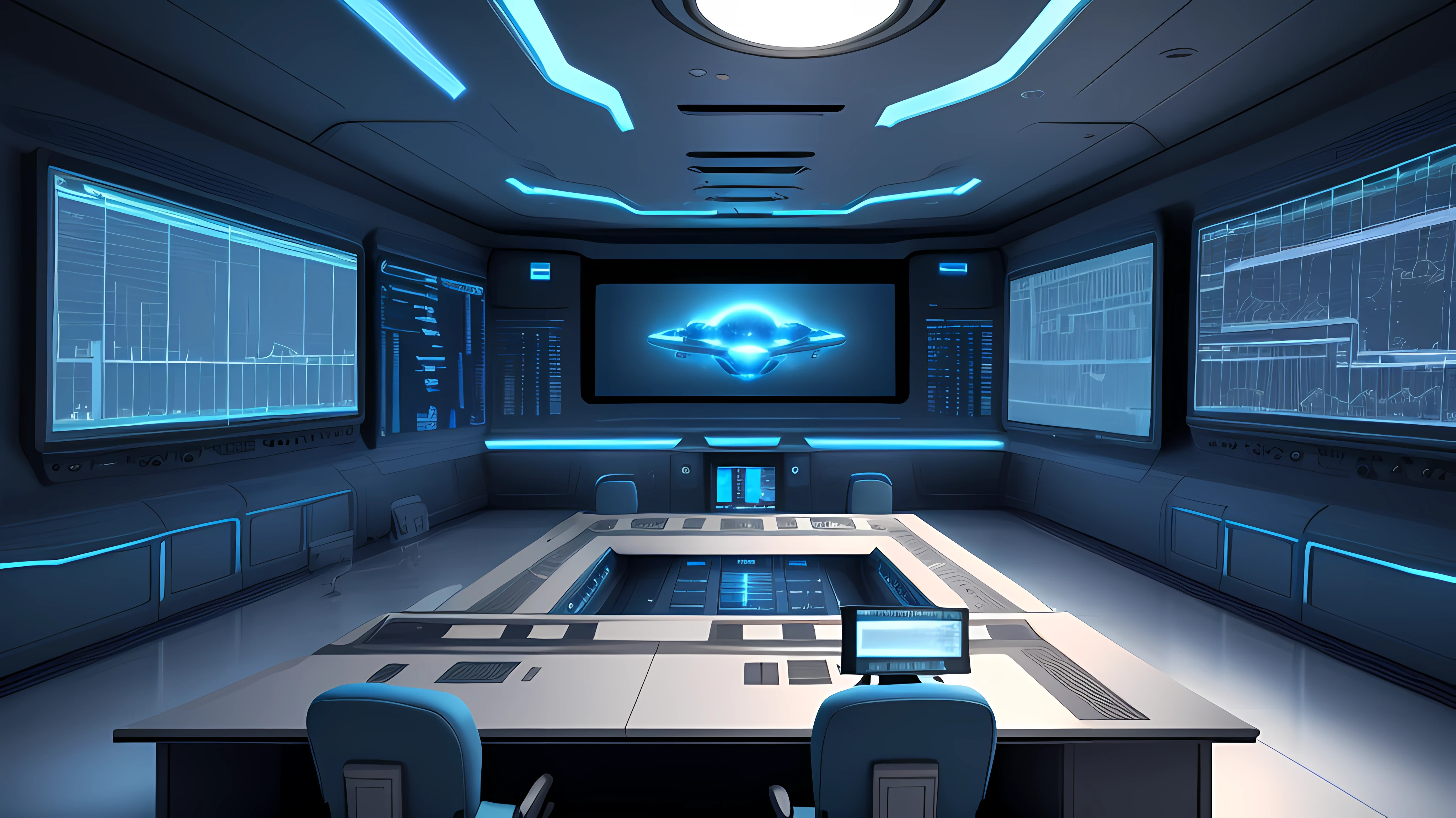 Capture the essence of a futuristic office interior in this image. The space should reflect a harmonious blend of technology, functionality, and aesthetic appeal. Incorporate sleek, minimalistic design elements, such as clean lines, smooth surfaces, and futuristic materials like glass and metal. Imagine an open-concept layout with flexible workstations, ergonomic furniture, and integrated technology systems. Use a neutral color palette with pops of vibrant, futuristic hues to create visual interest. Strategic lighting should enhance the futuristic ambiance, with the use of LED lights, indirect illumination, and dynamic lighting effects. Ensure that the image showcases advanced technologies like holographic displays, augmented reality interfaces, and smart devices seamlessly integrated into the workspace. The composition should convey a sense of productivity, efficiency, and innovation, with an emphasis on futuristic elements.
