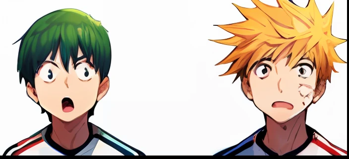 2boys, open mouth, white shirt, shocked, color manga, manga color, color manga, color manga panel, simple background, a white background