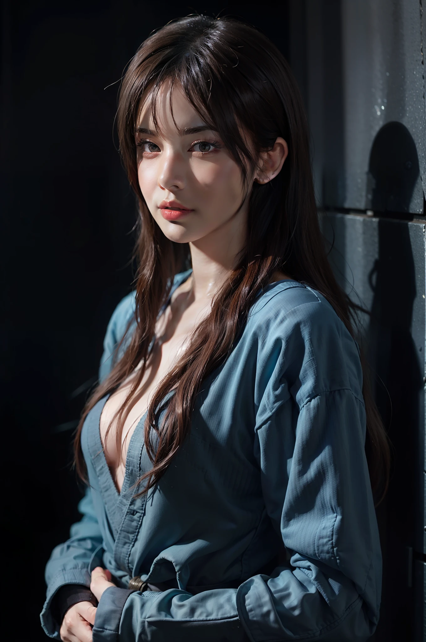 Hyperrealist portrait of female by david hockney and alphonse mucha,fantasy art, photo realistic, dynamic lighting, artstation, poster, volumetric lighting, very detailed faces, 4 k, award winning,, 1girl, in the dark, deep shadow, low key,cowboy shot,(official clothing:1.4) ,long hair,white hair,