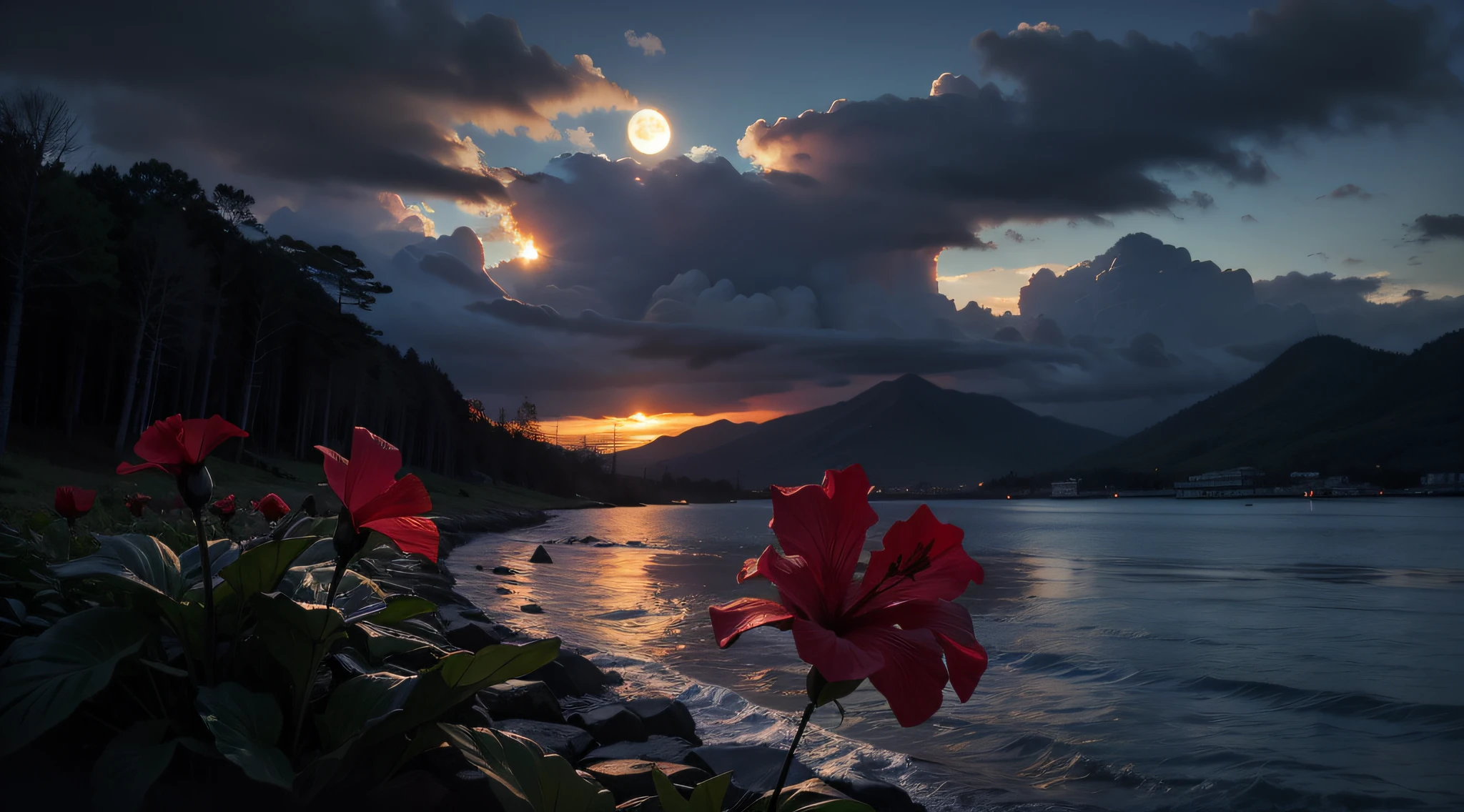 hibiscus Moon with water drops,neon glow, random background, sun rise, bokha mood