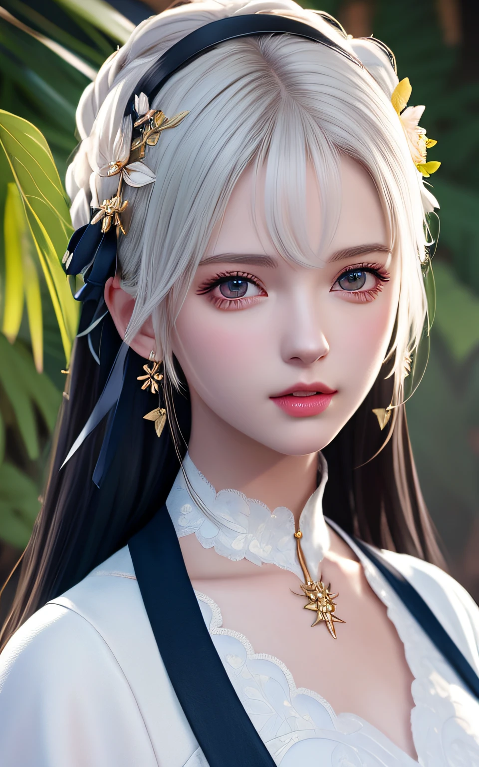 Trends on ArtStation, Trends on CGSociety, Intricate, High Detail, Sharp Focus, Dramatic, Realistic Art of Drawing by Midjourney and Greg Rutkowski, Sketch, Masterpiece, Best Quality, Very Detailed, 1girl, Half, Beautiful Meticulous Eyes, Cute Anime Face, Bust, Beautiful Meticulous Face, White Hair, (Botanical Illustration: 1.5), White Dress