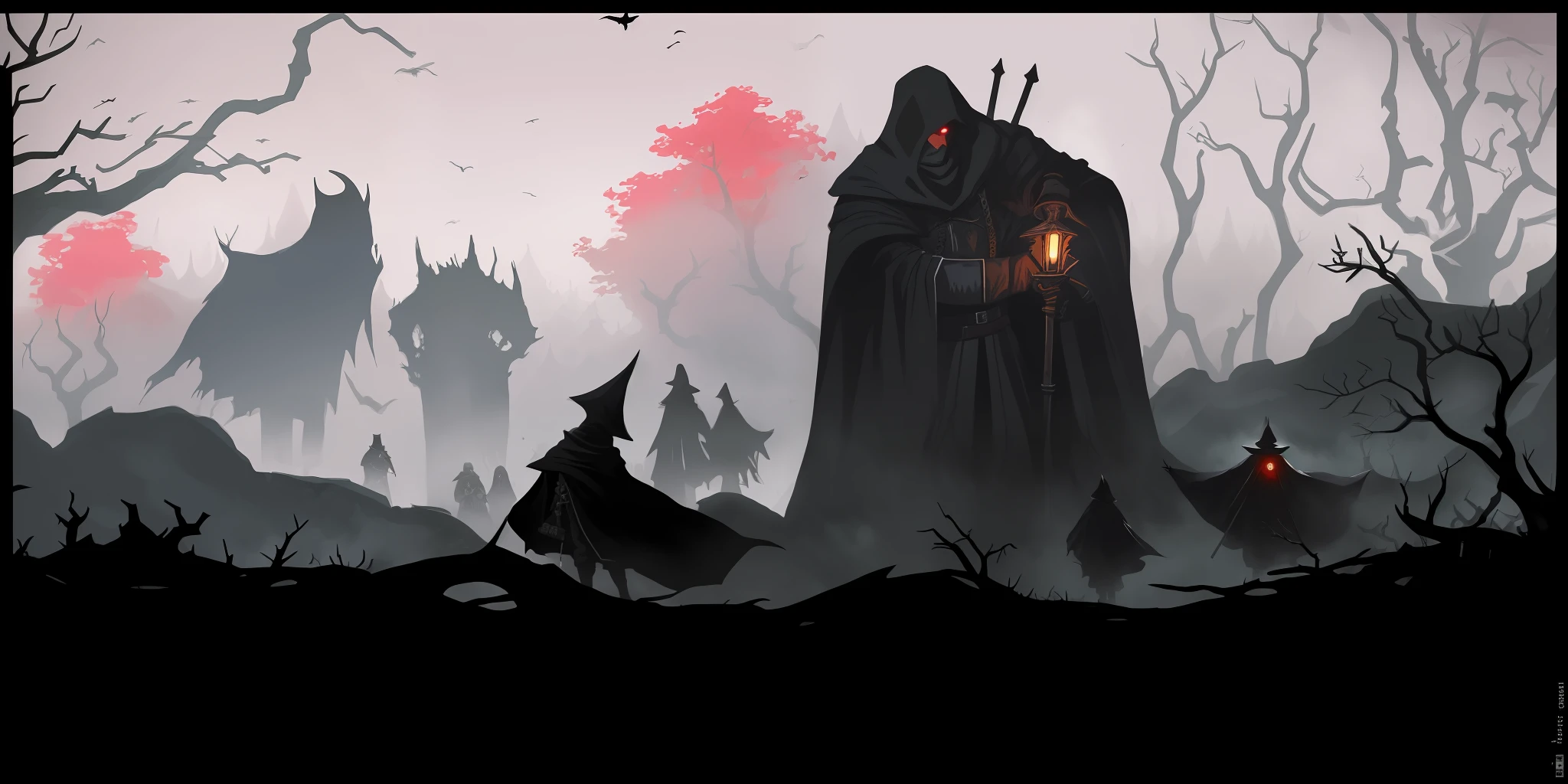 there are many people in the woods with a large black cloak, darkest dungeon art style, dark high-contrast concept art, medieval fantasy game art, dark souls art style, darkest dungeon style, an ominous fantasy illustration, author:Tadeusz Pruszkówski, darkest dungeon, undead soldiers in background, dnd in a dark forest, dark concept art