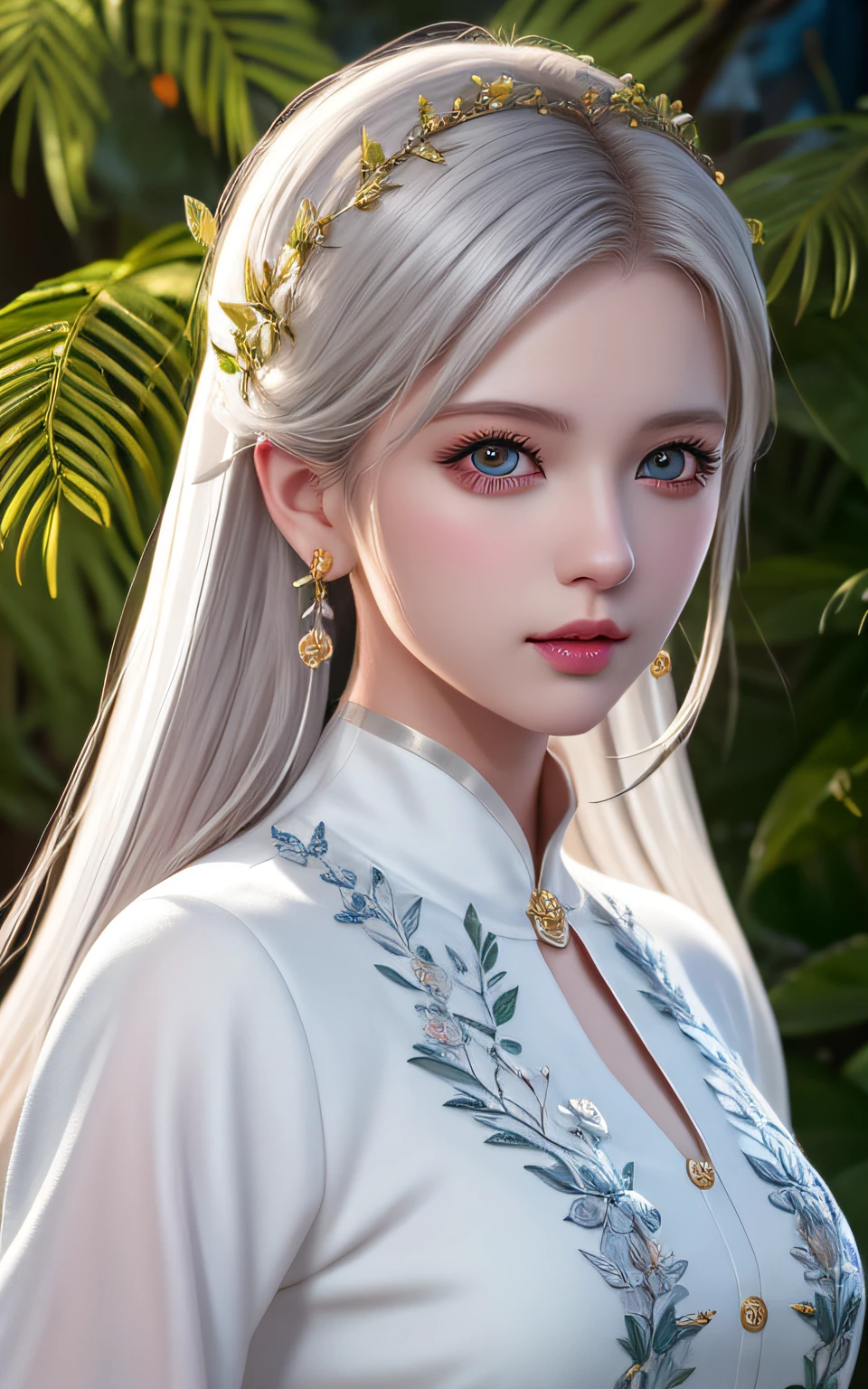 Trends on ArtStation, Trends on CGSociety, Intricate, High Detail, Sharp Focus, Dramatic, Realistic Art of Drawing by Midjourney and Greg Rutkowski, Sketch, Masterpiece, Best Quality, Very Detailed, 1girl, Half, Beautiful Meticulous Eyes, Cute Anime Face, Bust, Beautiful Meticulous Face, White Hair, (Botanical Illustration: 1.5), White Dress