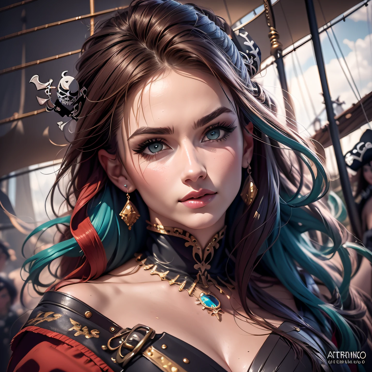 Danielle van de Donk, full body potrait of a photorealistic beautiful woman, (aboard a pirate ship:1.50), intense coloration fantasy, light hair, a stunning realistic photograph 20 years , random colored hair,  (multiple women pirates dancing together:1.3), random color eyes, full body, cover, hyperdetailed painting, luminism, octane render, Bar lighting,  complex, 8k resolution concept art portrait by Martina Fačková and Prywinko Art, Artgerm, WLOP, Alphonse Mucha, Tony Taka, fractal isometrics details, photorealistic face, hypereallistic cover photo awesome full color, hand drawn, bright, gritty, realistic color scheme, davinci, .12k, intricate. hit definition , Beethoven, cinematic,Rough sketch, mix of bold dark lines and loose lines, bold lines, on paper , real life human