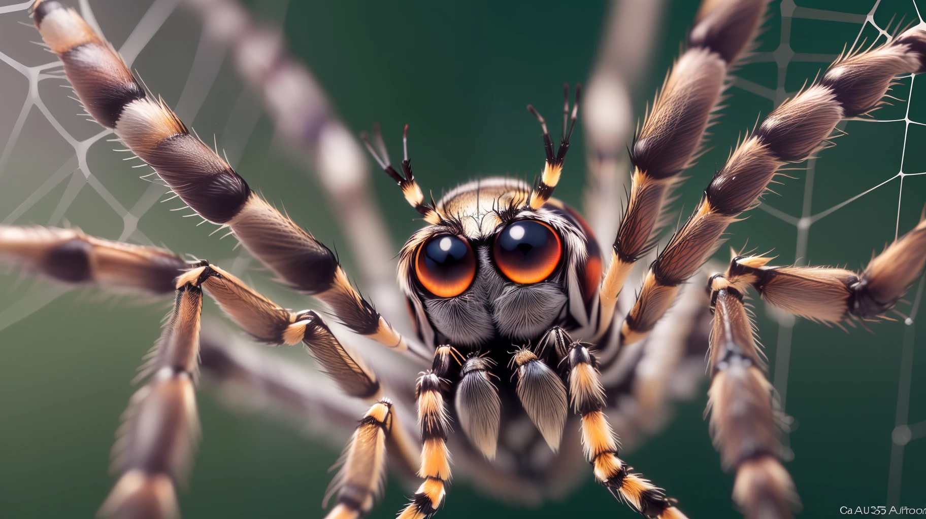 arafed spider with orange eyes and long legs sitting on a web, a cute spider, fear of spiders, spider, closeup portrait shot, huge-eyed, jumping spider, spiders, creepy macro photo, spider legs, extreme closeup portrait, arachnophobia, spider webbed body, an extreme closeup shot, spiders!!!!, closeup of an adorable, with big eyes, ultra high resolution, clear focus, super detailed, natural light, cinematic photo tinting, William Mortensen,shot on canon EOS 5D MARK iv, style --auto --s2