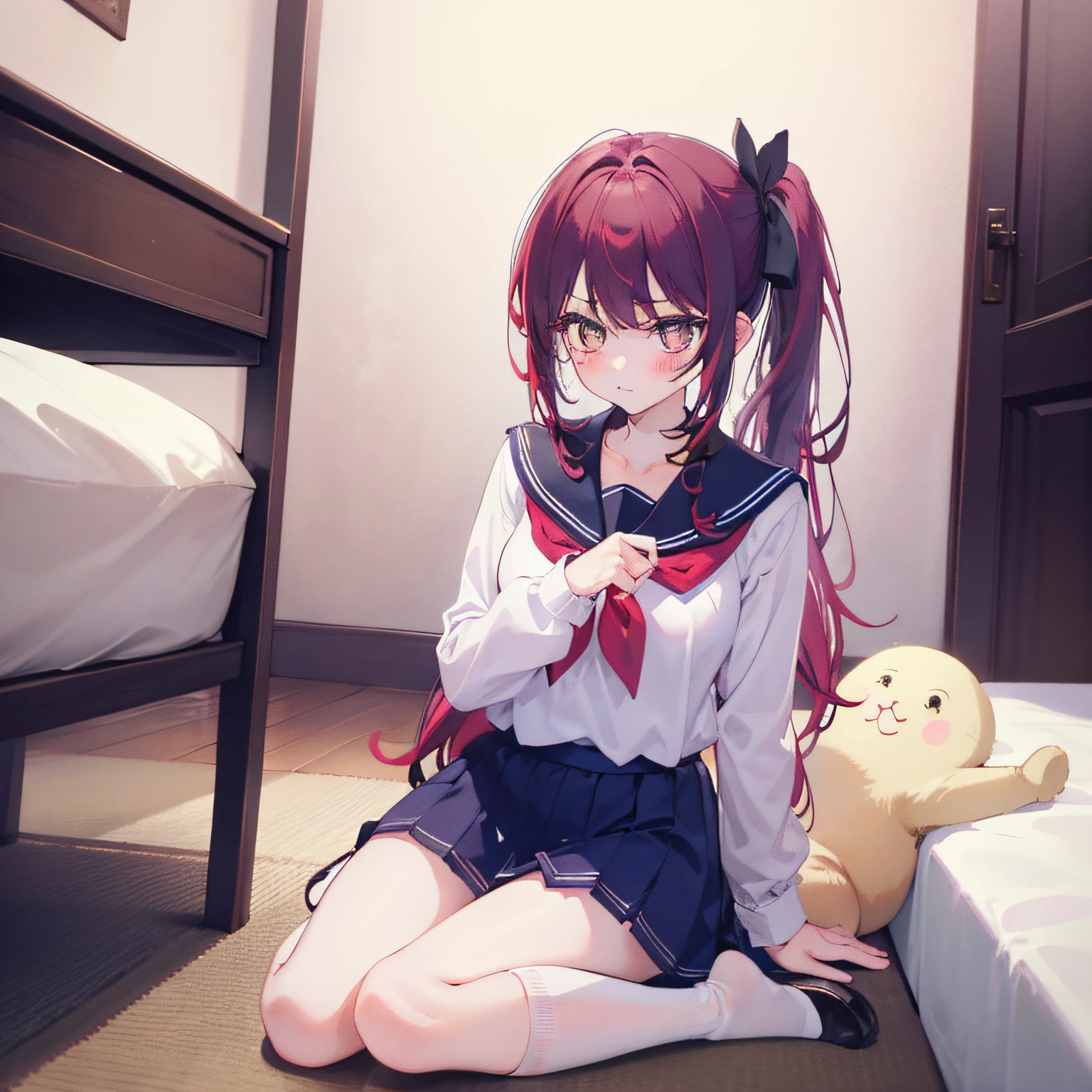 masterpiece, best quality, adorable girl, bishoujo, kawaii, long hair, red hair, shy, brown eyes, seifuku, bobby socks, Side ponytail, cat_pose,