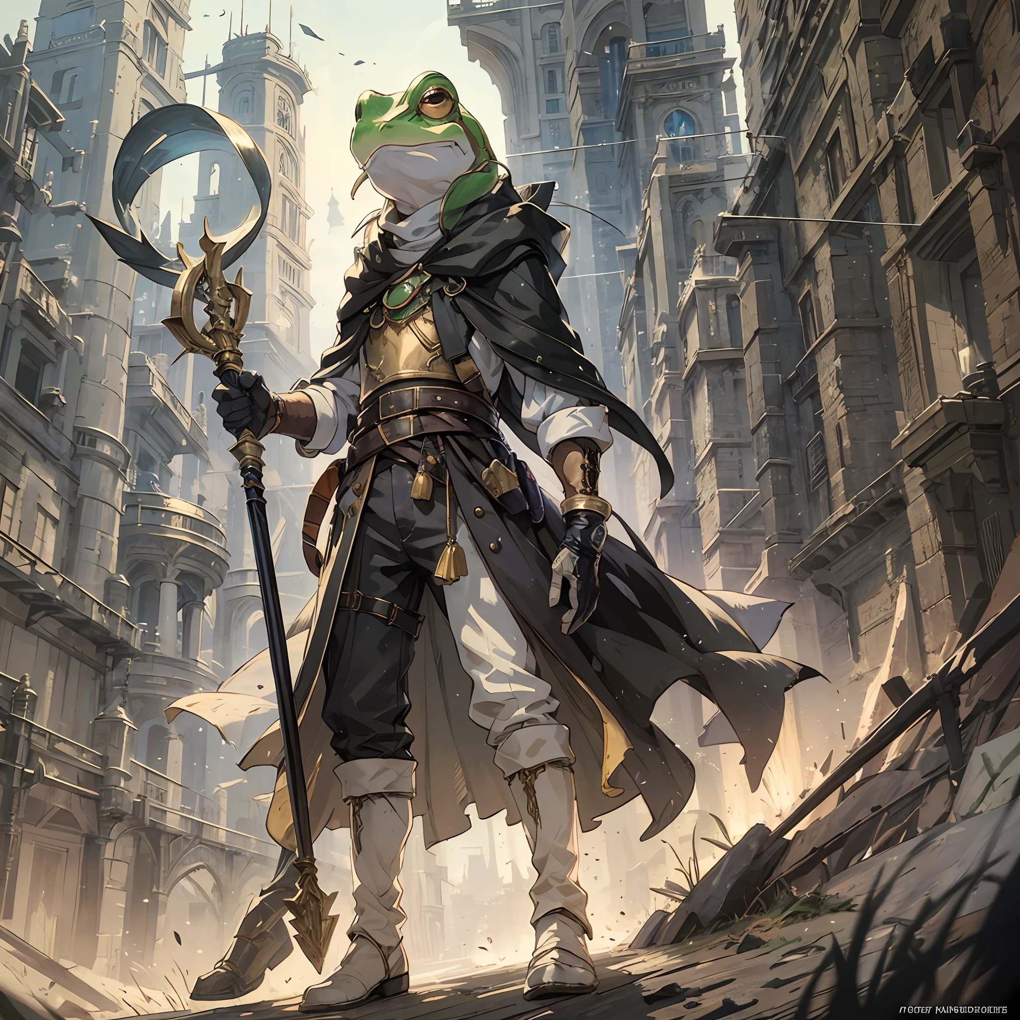 masterpiece, best quality, 1boy, male focus, solo, frog head, looking at viewer, closed mouth, Fantasy aesthetics, Highly detailed, shadowverse style, full body, black attire, mage