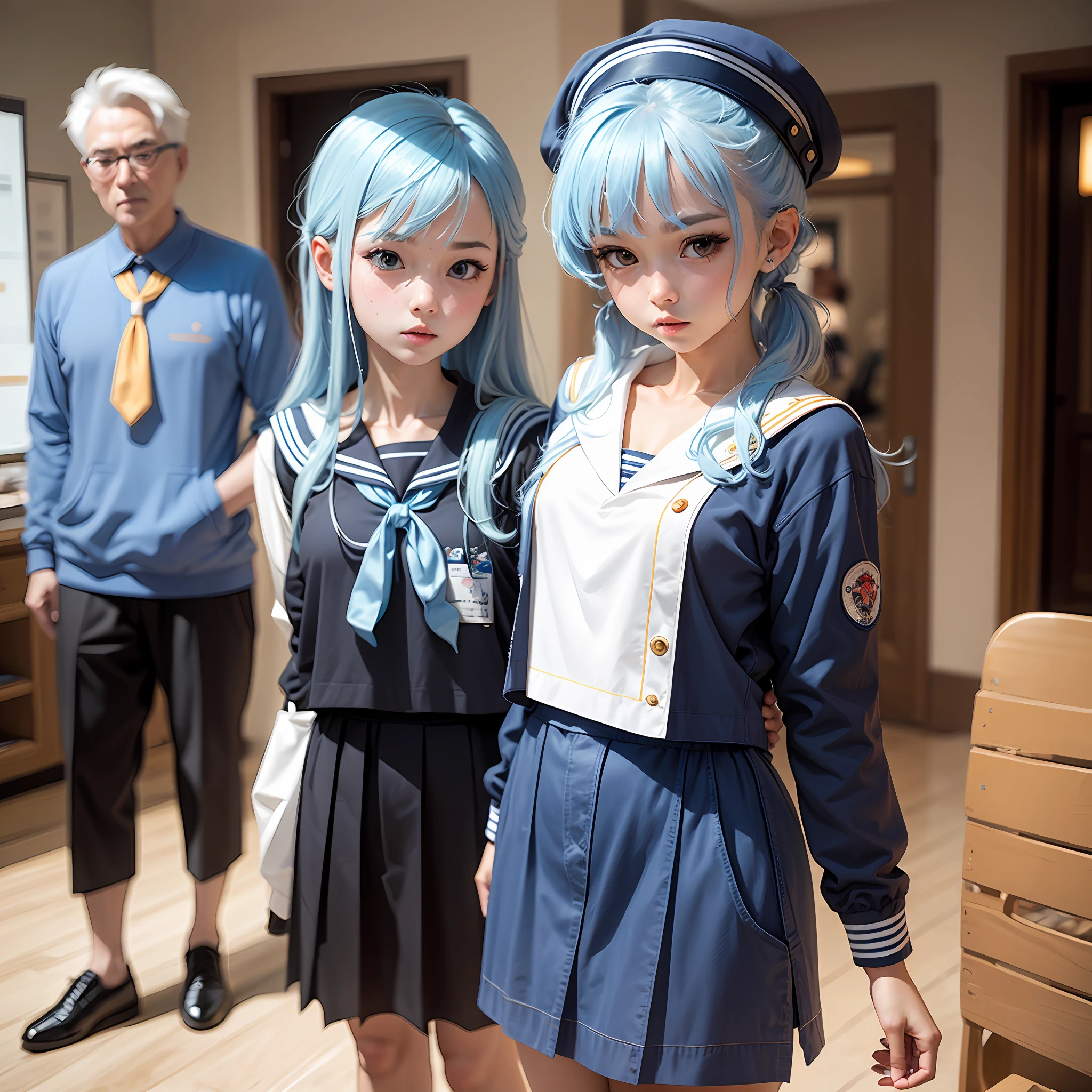 With a petite figure,blue hairs,realisticlying,Wearing a sailor suit --auto