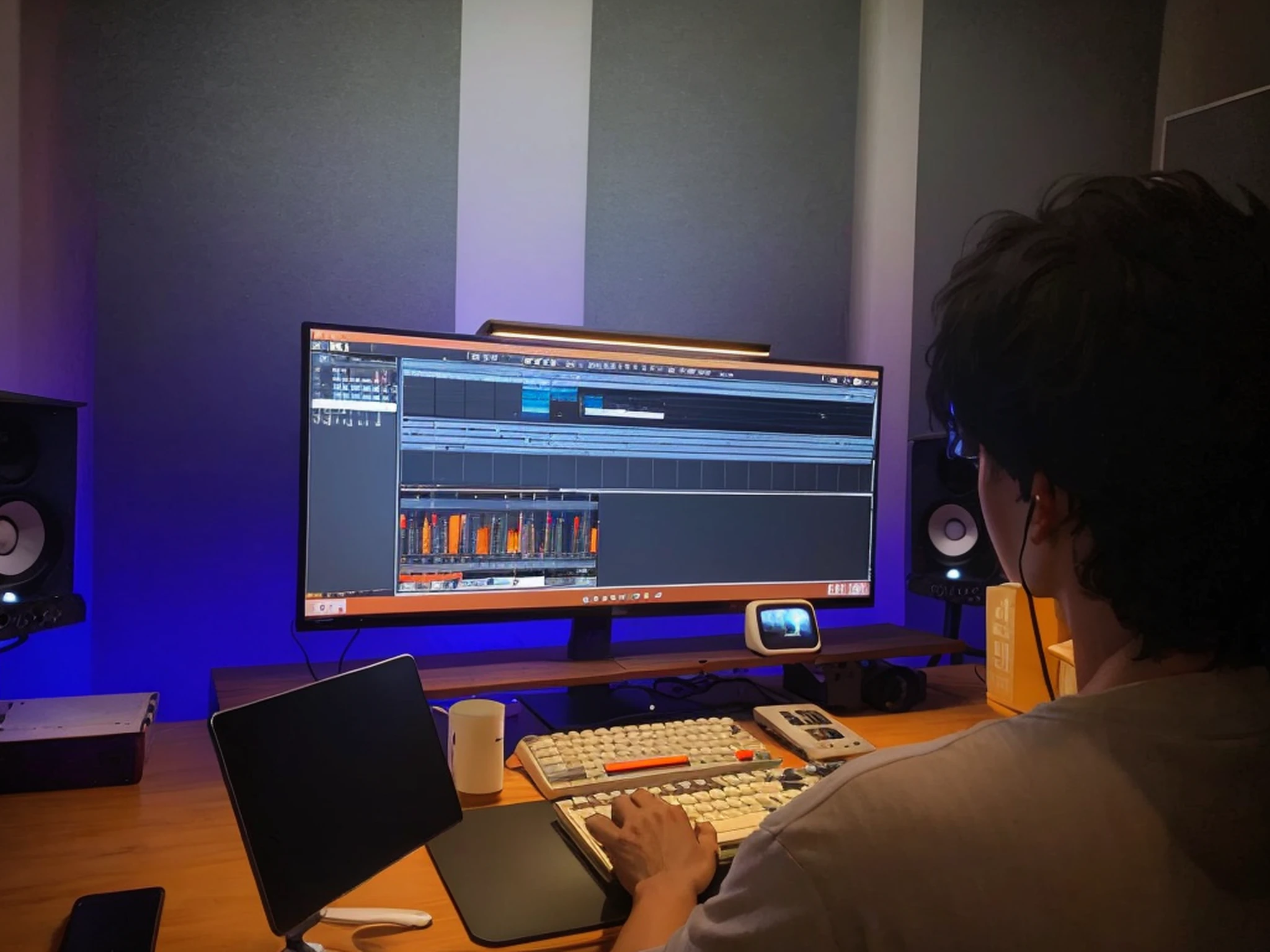There was a man sitting at his desk,Hold laptop and monitor, 8k post production, 8 k post production, postproduction, Studio recording, postproduction, postproduction, blend, 8K post-production, 8 k post production, in the background, In a studio, studio orange, synthetic, studio picture, postproduction