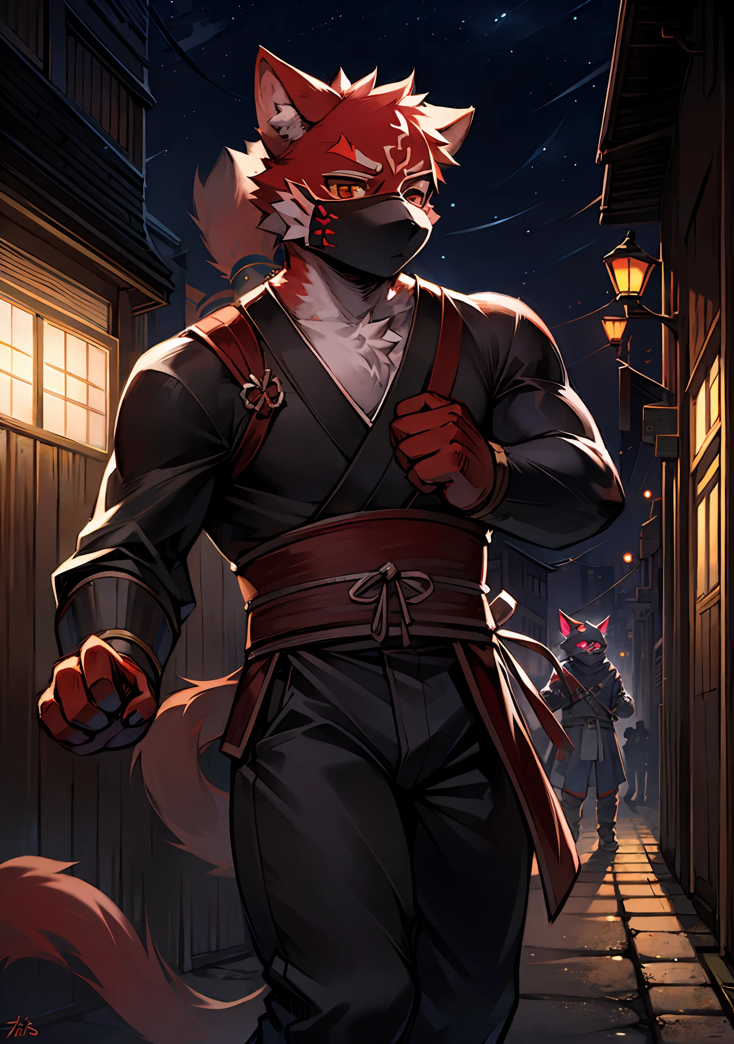 Ninja Samurai Masked Japanese Style Street Red Cat Japanese Wind Night
