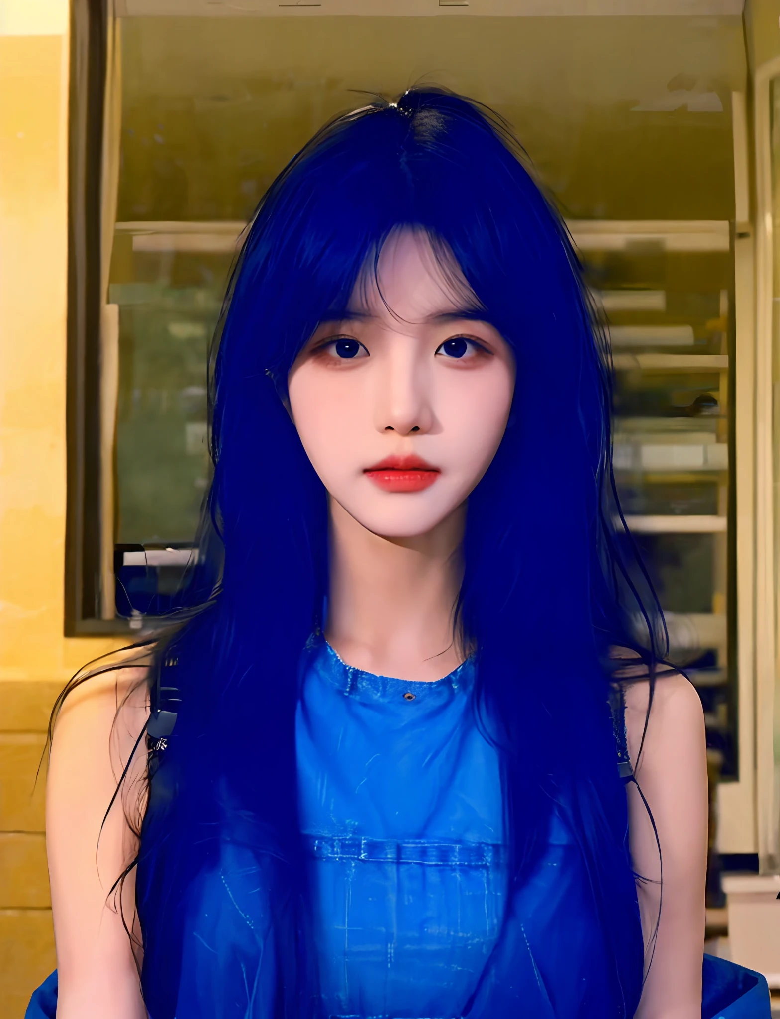 a close up of a woman with long black hair wearing a denim dress, Shin Jinying, iu lee ji-eun as a super villain, She has black hair,By bangs, Lee Ji-eun, Lee Ji-eun, jaeyeon nam, cute korean actress, beautiful Korean women, female actress from korea, Kim Do-young, young lovely Korean faces