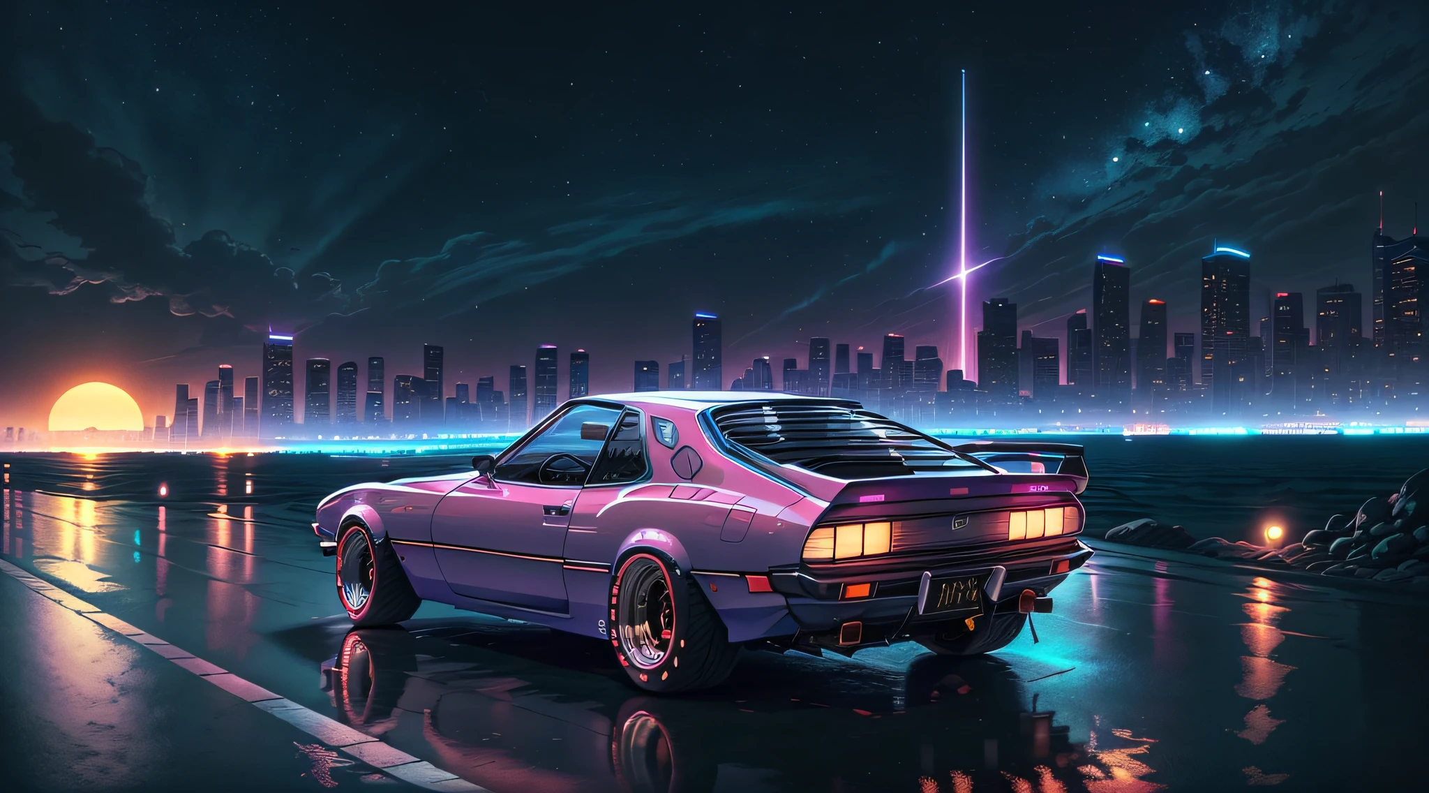 Reverse wave. City, 1969 Nissan S30, wide-body kit, road, purple neon, sun, close-up
(masterpiece, detailed, high resolution),