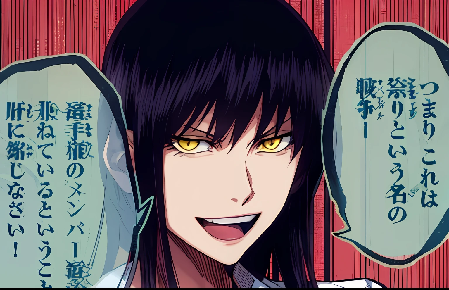 a anime of a girl close up with long hair, yellow eyes, black hair, white shirt, text bubble speech, open mouth, color manga, manga color, color manga, color manga panel, simple background