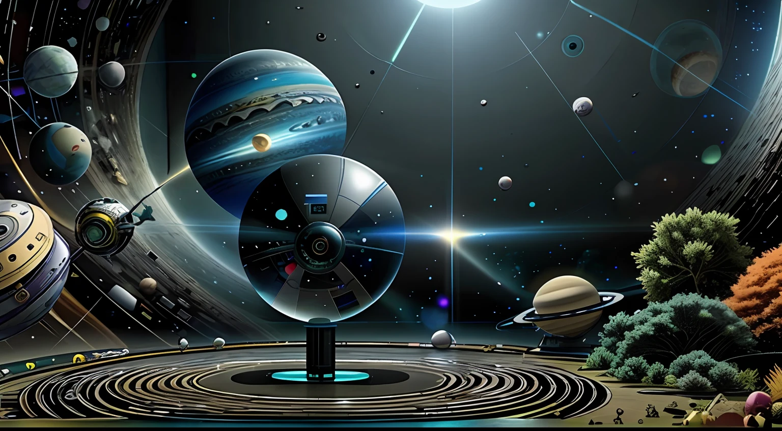 Space inside the sphere，Immersive spaces，There are robots of the future in the projection screen，Deep space，There is a dial console in the center to represent the time，Futuristic，sense of science and technology，greenish tinge