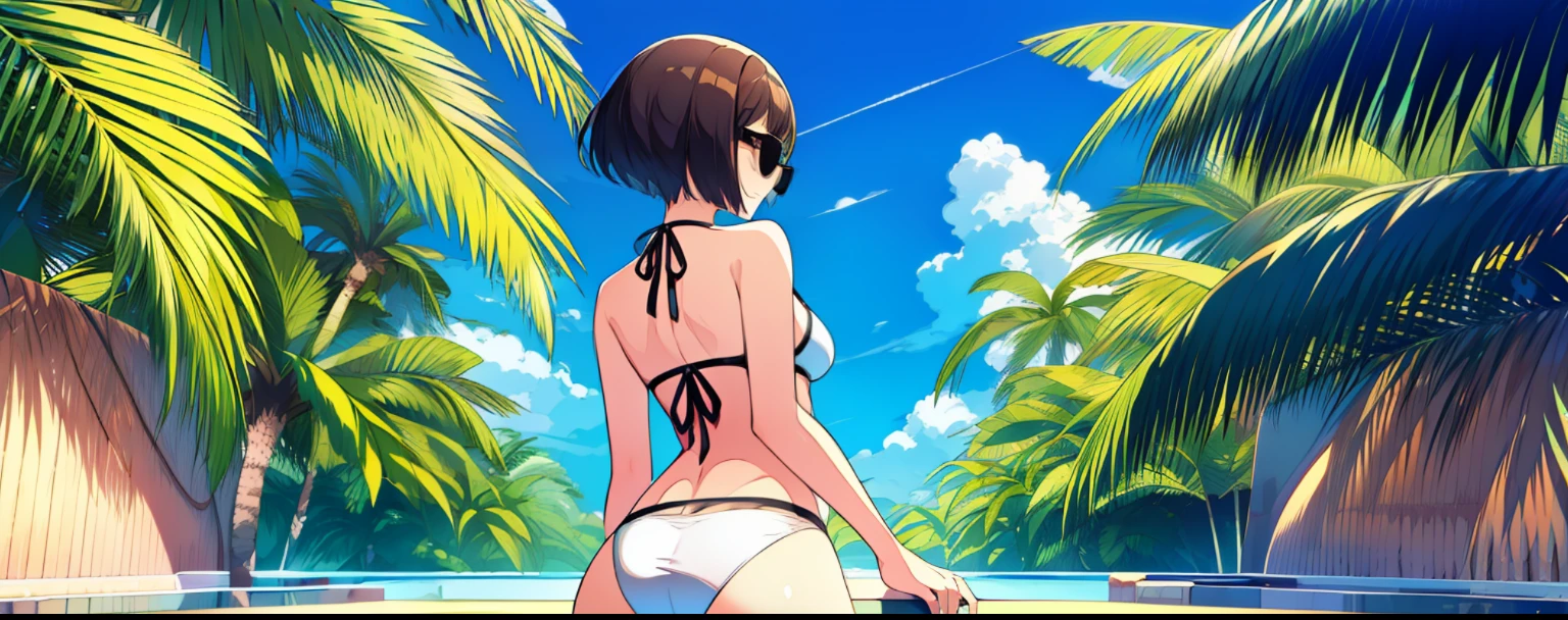 8K分辨率, masterpiece, beste-Qualit, 1girl in, ar old,white bikini, sunglass, short-cut, swimming pools, blue-sky, Strong sunlight, Palm trees, soda water, Detailed CG image quality, Rear view, Buttocks,