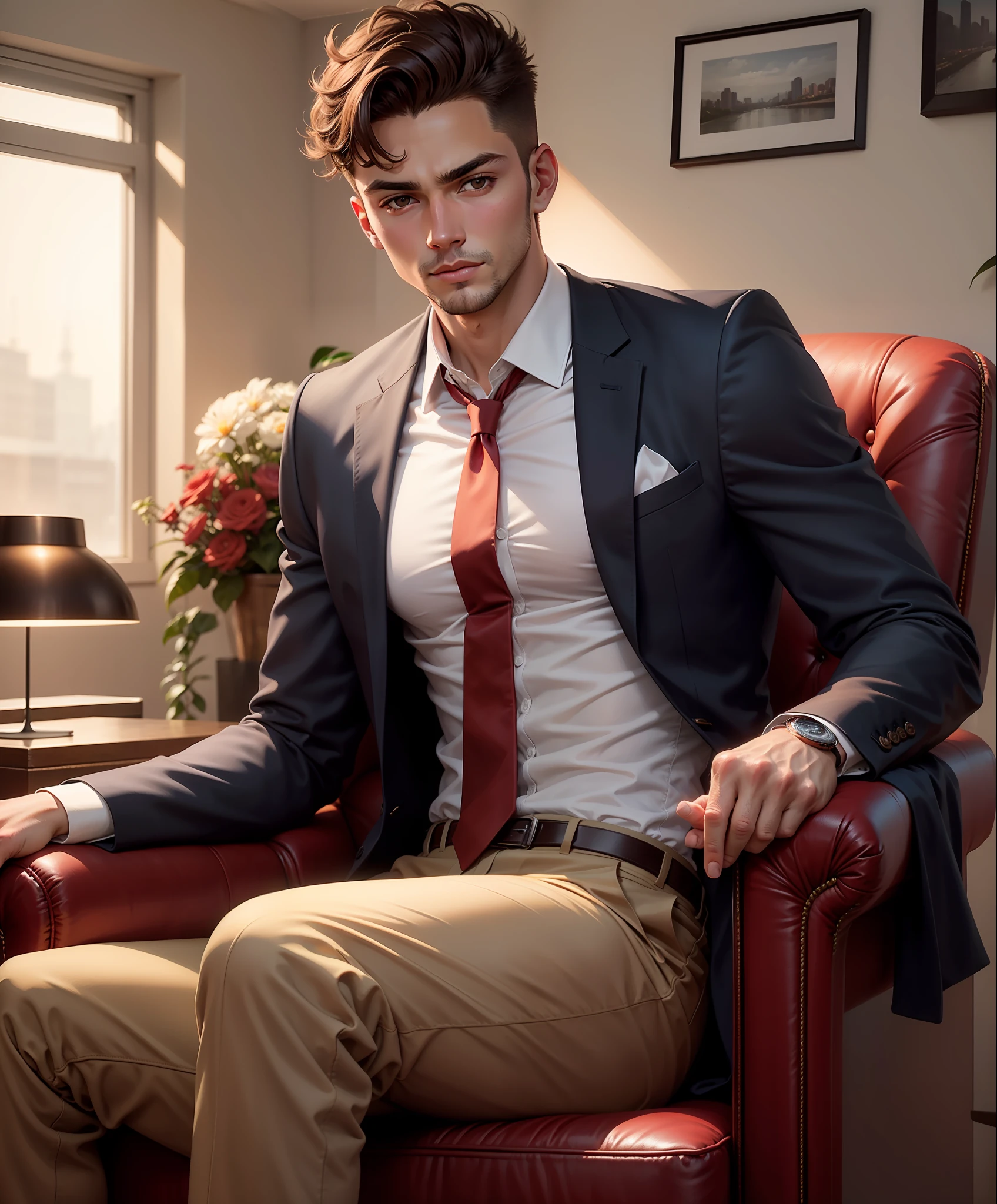 Young sexy white Brazilian Brazilian athletic man with brown Latin eyes and haircut without brown bangs, wearing a black suit with red tie sitting in a brown armchair with a glass of whiskey in one hand, office background. realista, 4k, Hiperealista, melhor imagem.