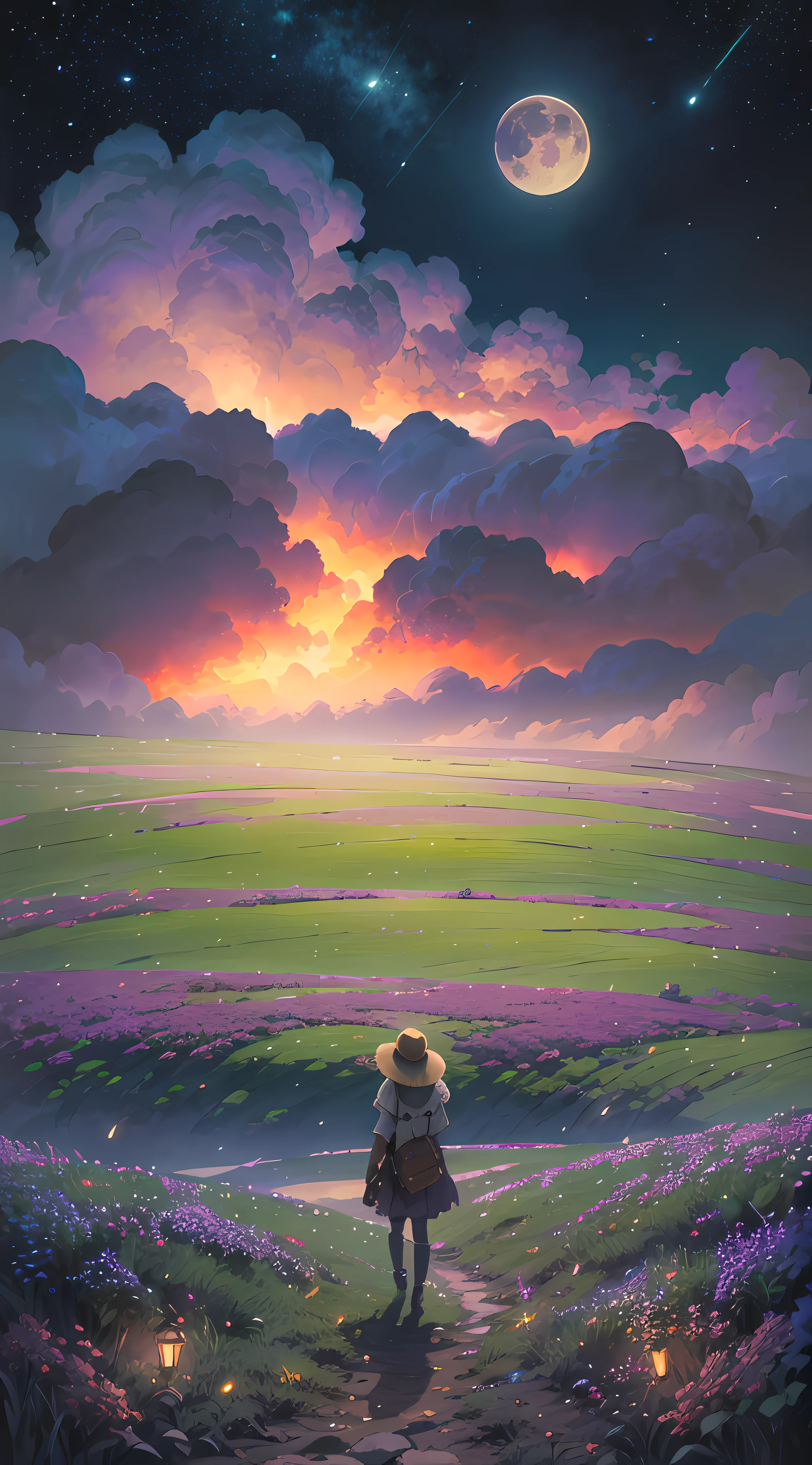 Vast landscape photo, (viewed from below, the sky is above and the open field is below), a girl standing on a flower field looking up, (full moon: 1.2), (meteor: 0.9), (nebula: 1.3), distant mountains , Trees BREAK Crafting Art, (Warm Light: 1.2), (Fireflies: 1.2), Lights, Lots of Purple and Orange, Intricate Details, Volumetric Lighting, Realism BREAK (Masterpiece: 1.2), (Best Quality), 4k, Ultra-Detailed, (Dynamic Composition: 1.4), Very Detailed, Colorful Details, (Rainbow Colors: 1.2), (Glow Lighting, Atmospheric Lighting), Dreamy, Magical, (Solo: 1.2)