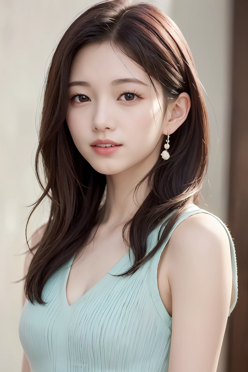 (Award-Winning Works), (8K、beste-Qualit、​masterpiece:1.2)、(reallistic、Hphotorealistic:1.37)、The ultra-detailliert、1人、cute little、独奏、(Redness of the nose)、(A smile:1.15)、(With mouth closed) small tits、beautidful eyes、(long:1.2)、Floating Hair Novafrog Style、Upper body body