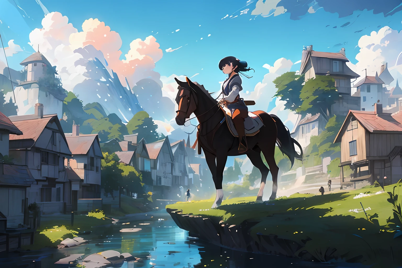 anime girl riding a horse in a village by a river, 4K anime wallpaper, Anime art wallpaper 4k, Anime art wallpaper 4 K, Anime art wallpaper 8 K, Guweiz e Makoto Shinkai, style of anime4 K, 4k manga wallpapers, Guviz-style artwork, 2. 5 D CGI anime fantasy artwork
