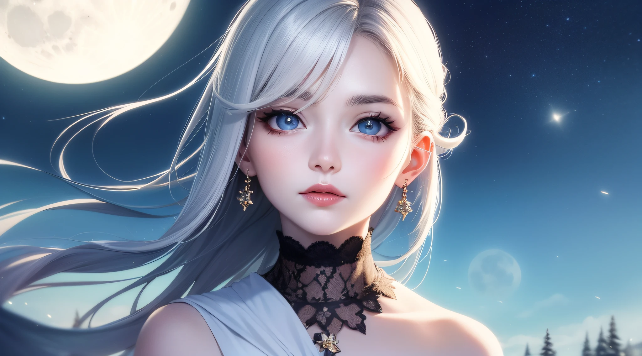 Masterpiece, (Best Quality: 1.2), (Super Fine: 1.2), Illustration, (Extremely Delicate and Beautiful: 1.2), Film Angle, Floating, (Beautiful Detail Eye: 1.1), (Detail Light: 1.1), Film Lights, Delicate Sky, Woman, White Hair, Blue Eyes, (High Ponytail: 1.1), Cloak, Glowing Eyes, (Moon: 1.2), (Moonlight: 1.1), Starry Sky, (Light Particles: 1.1), Fog , snow painting, sketching, blooming