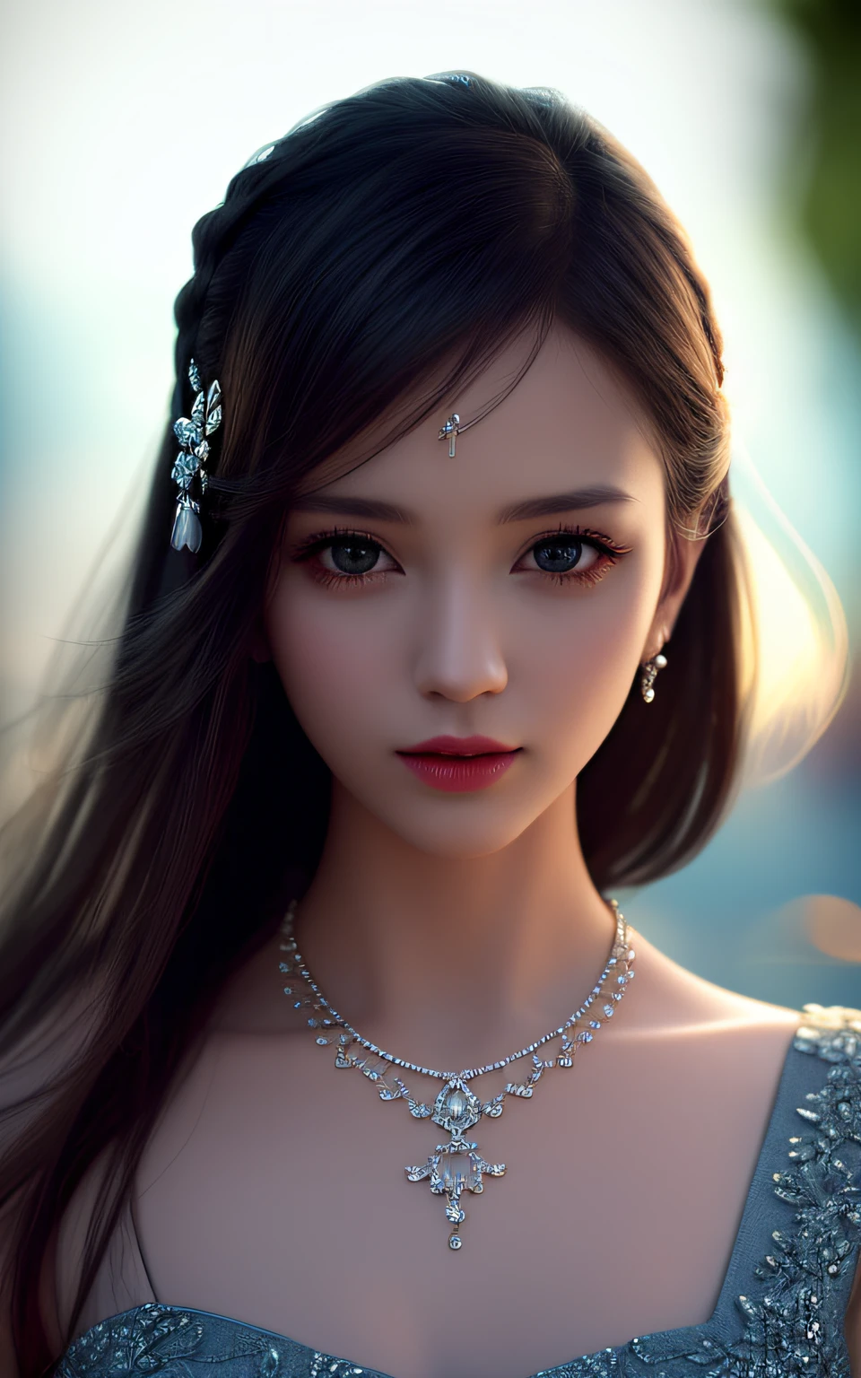 Top Quality, Masterpiece, High Quality, 1girl, Porcelain Dress, Hair Accessories, Necklace, Jewelry, Beautiful Face, Physical, Tyndall Effect, Realistic, Dark Studio, Rim Lighting, Duotone Lighting, (High Detail Skin : 1.2), 8K UHD,DSLR, Soft Light, High Quality, Volume Light, Candid, Photography, High Resolution, 4k, 8K, Bokeh