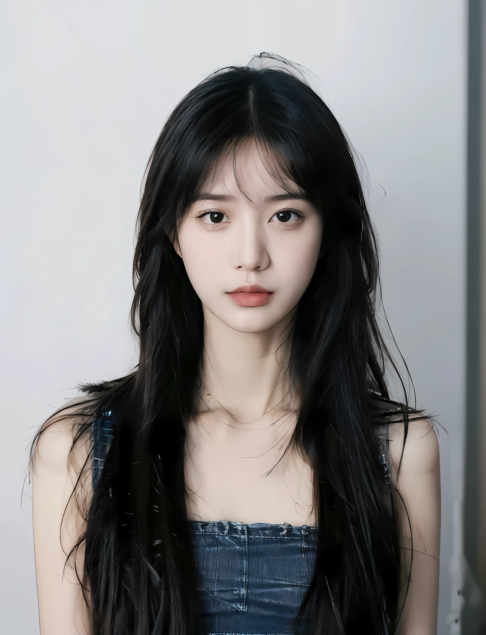 a close up of a woman with long black hair wearing a denim dress, Shin Jinying, iu lee ji-eun as a super villain, She has black hair,By bangs, lee ji-eun, Lee Ji-eun, jaeyeon nam, cute korean actress, beautiful Korean women, female actress from korea, Kim Do-young, young lovely Korean faces