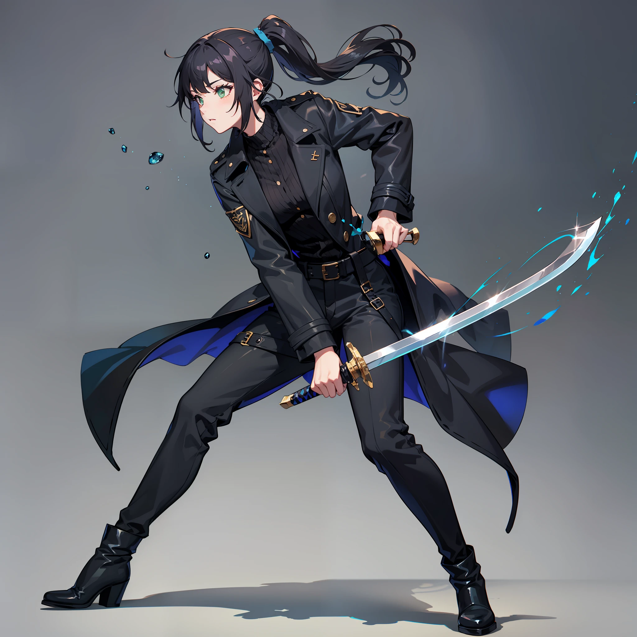 Blue single ponytail,a black trench coat,black long pants,Green eyes,Black boots,One-handed sword