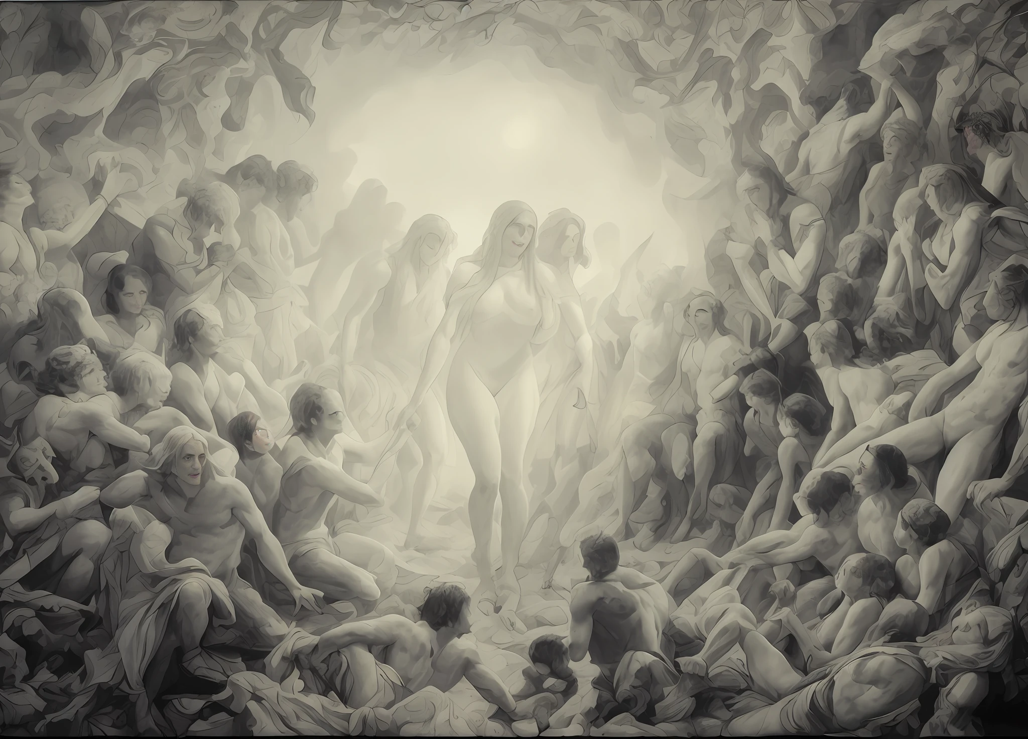 A group of people around the cave had no clothes on,In the middle station, there are two men and women, whose bodies are shining, dante's inferno painting, Karel Steck, gustave dore, Frandisek Kavan,