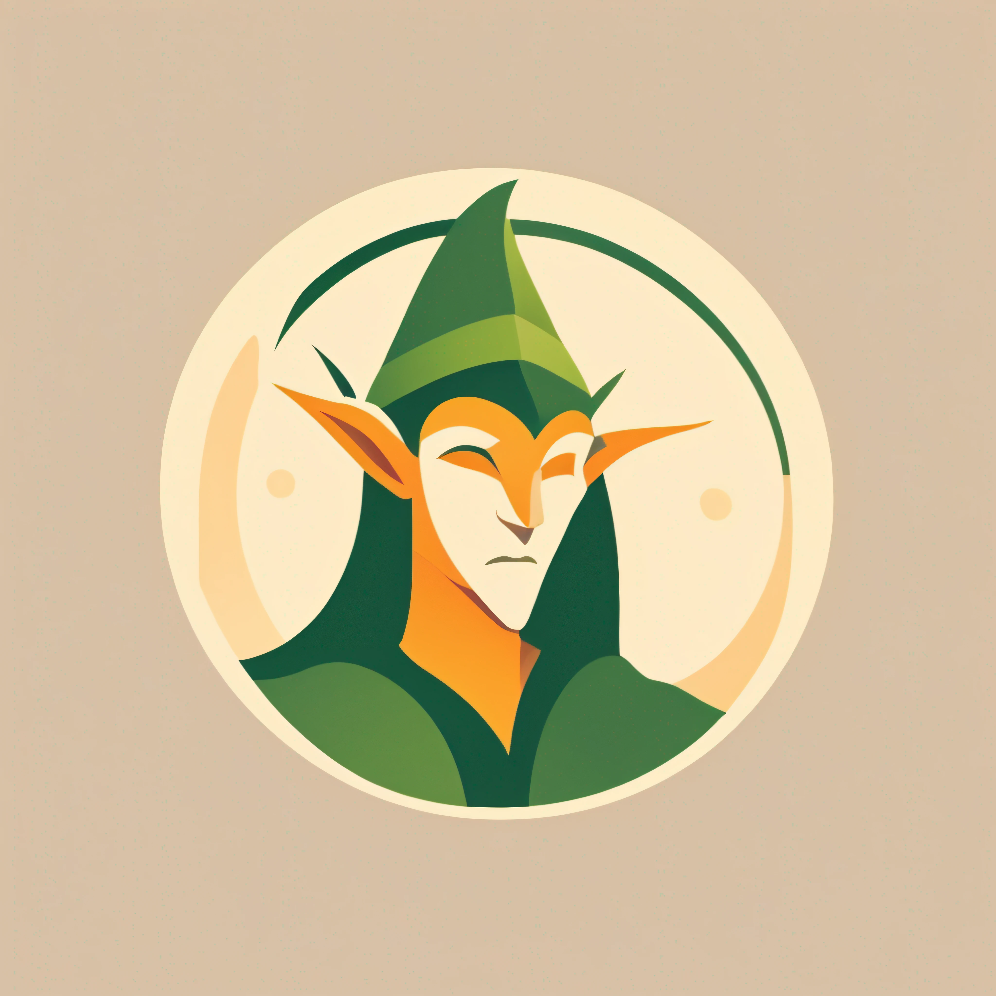 Minimalist logo features a flat icon of a stylized Elf, centered in a perfect circle. As linhas limpas e minimalistas destacam a forma graciosa do Elfo, com orelhas pontudas e postura elegante. A paleta de cores sutil, inspirada nas obras de John Howe e Alan Lee, evoca a magia do universo de Tolkien. Um design simples e vetorizado, conveying professionalism and balance.