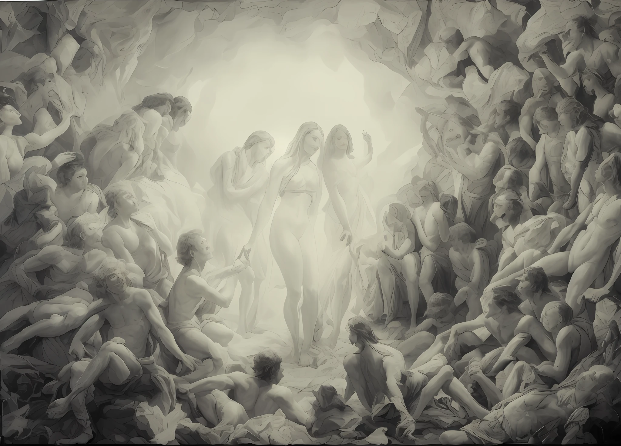 A group of people around the cave had no clothes on，In the middle station, there are two men and women, whose bodies are shining, dante's inferno painting, Karel Steck, gustave dore, Frandisek Kavan,