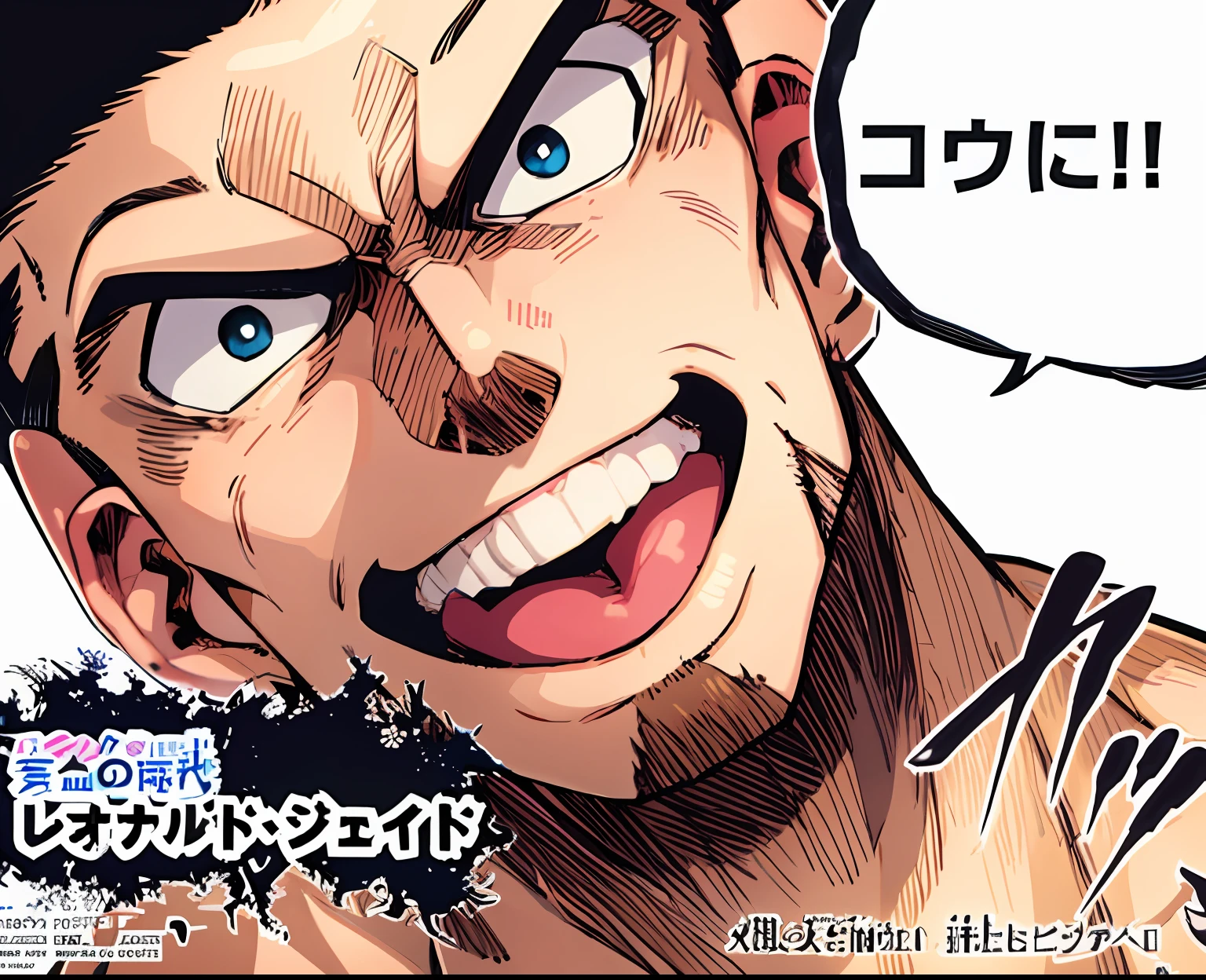 a close up of a anime character with a speech bubble, 1man, teeth, text bubble speech, color manga, manga color, color manga, color manga panel, simple background